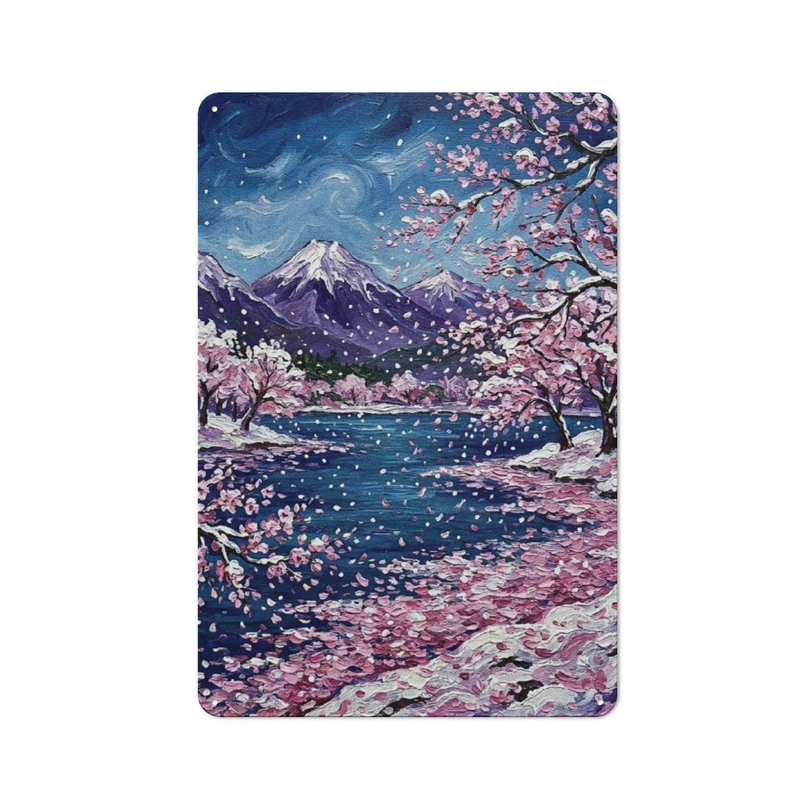 Cherry Blossoms And Snowy Mountains Painting Warehouse Style Metal Wall Decor 30x20cm, Metal Wall Sign for Workspace, Cafe, Hallway Or Garage