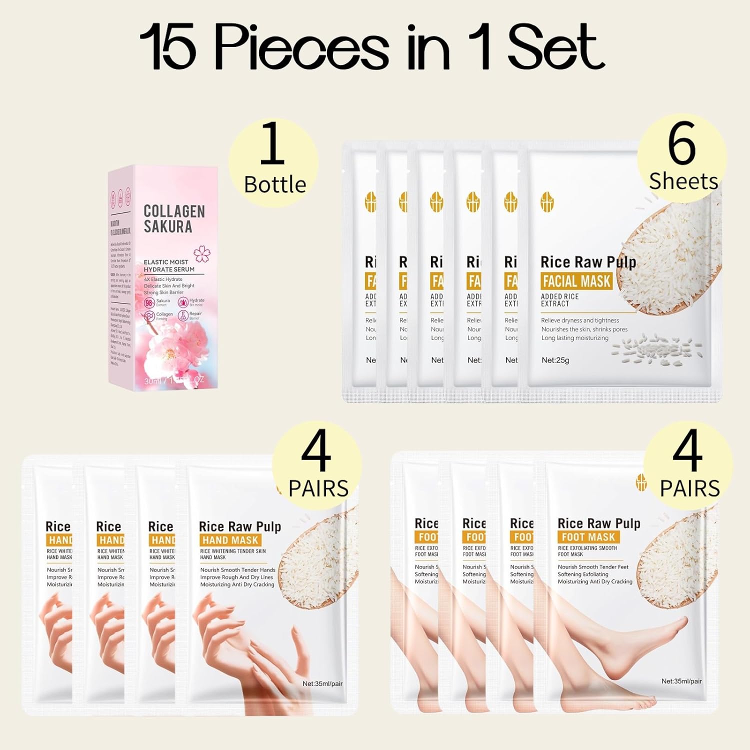 15 Pack Collagen Serum And Rice Face,hand & foot masks Skincare Set, Moisturize Dry Skin,sel-care gift for women,skincare spa set,1 Serum 6 Face 4 Hand 4 Foot Masks