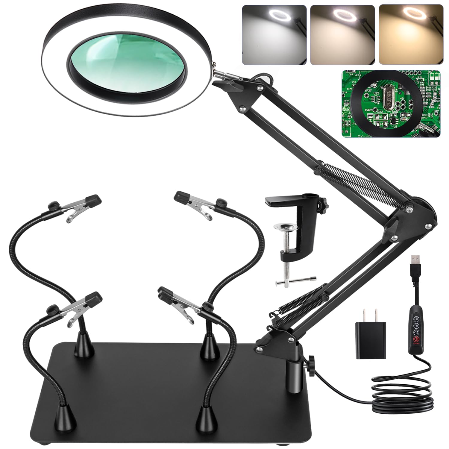 Stazione di saldatura Helping Hands, lente d'ingrandimento 10X con luce e supporto con 4 strumenti di saldatura magnetici di terza mano, supporto PCB lente d'ingrandimento lampada da