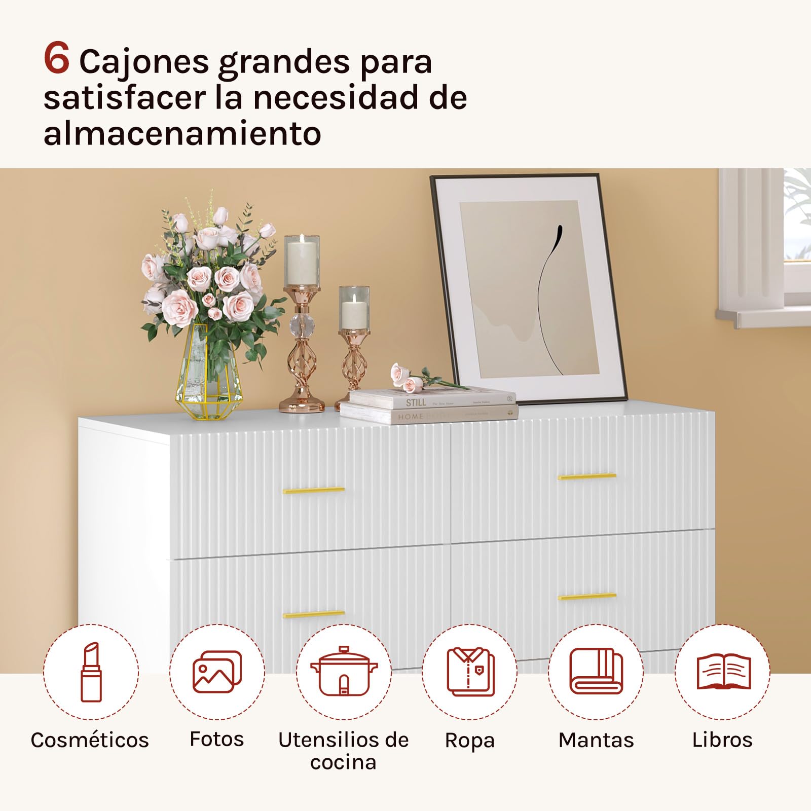 WOLTU Cómoda Blanca de 6 Cajones | Con Patas Doradas, para Dormitorio y Salón, 100x40x75 cm