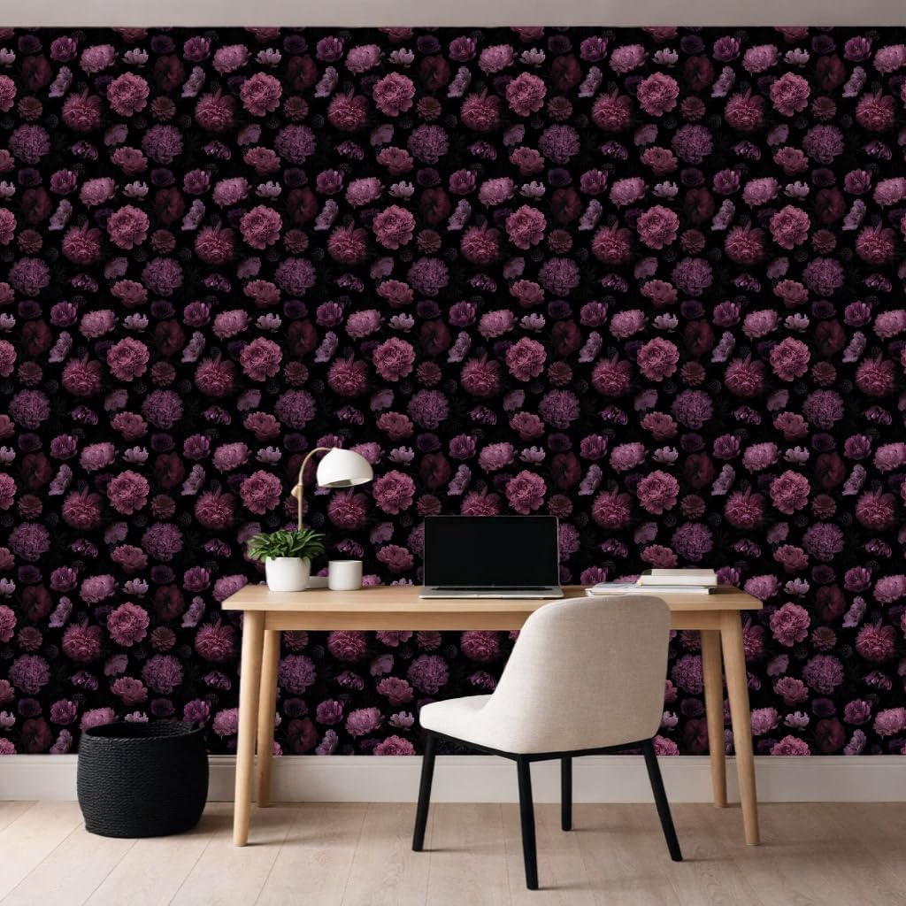 Peel and Stick Wallpaper Dark Floral Peony, Self Adhesive Purple Floral Wallpaper, Vintage Moody Flower Removable Renter Friendly Waterproof 17.7" x 124"