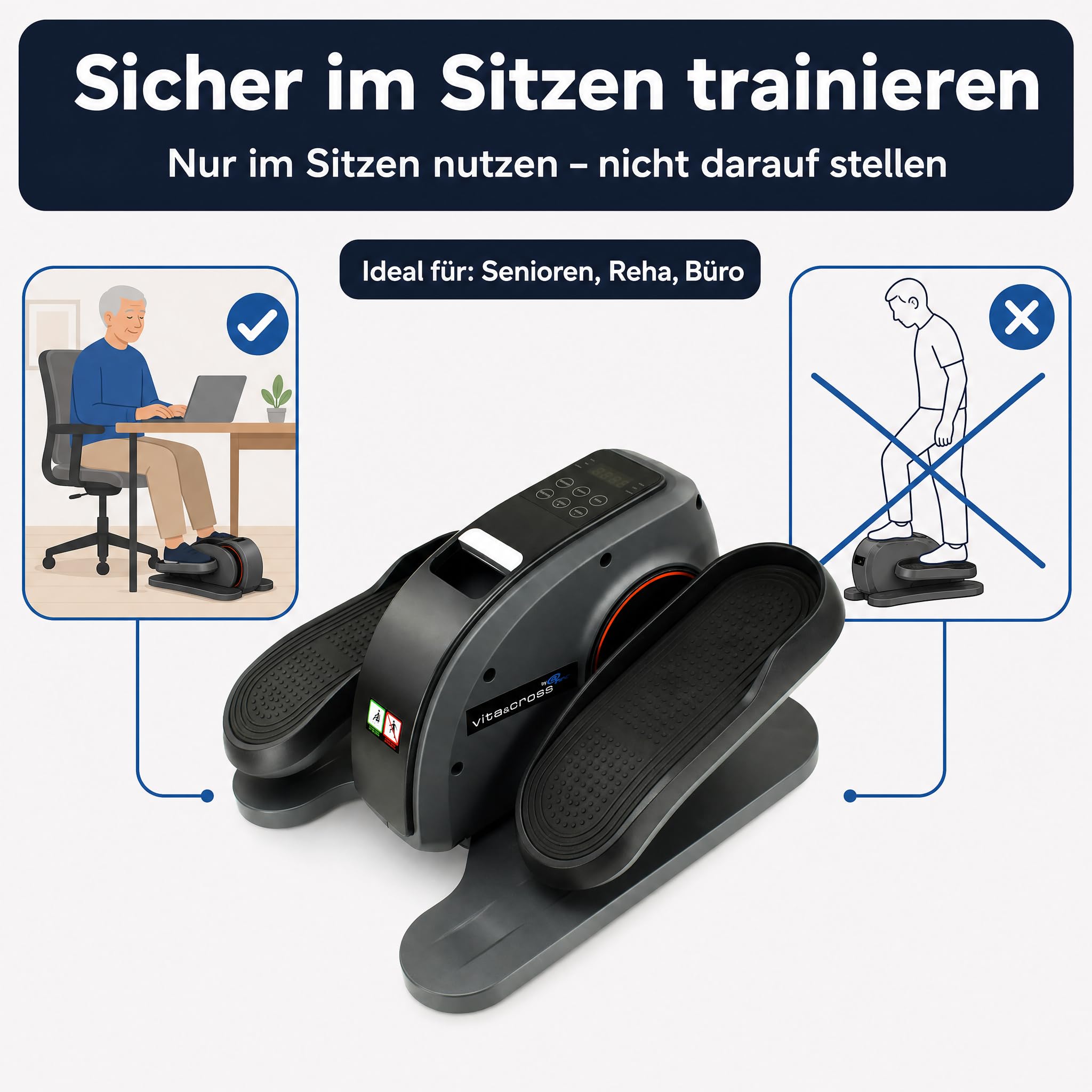 @tec Vita&Cross Motorisierter Pedaltrainer, Mini Ellipsentrainer | Gelenkschonender Beintrainer im Sitzen – 10 Stufen, 3 Programme, mit Fernbedienung, für Senioren, Büro & Zuhause