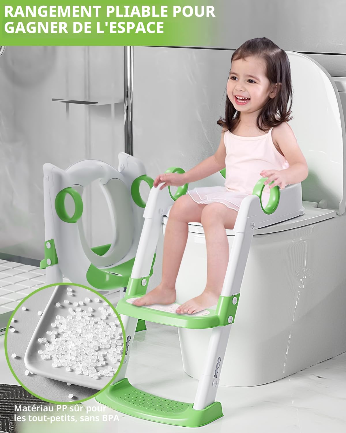 Reducteur Toilette Enfant, Rehausseur Toilette Enfant, pour Garçons et Filles, Hauteur Réglable et Pliable, Adaptateur Toilette Enfant avec Coussin, Anti-éclaboussures et Antidérapant(Vert, Blanc)