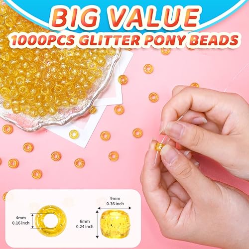 Miniatura 2 de Iooleem Cuentas de pony con purpurina (1000 piezas de purpurina amarilla), cuentas para hacer joyas, suministros de cuentas, materiales de arte y