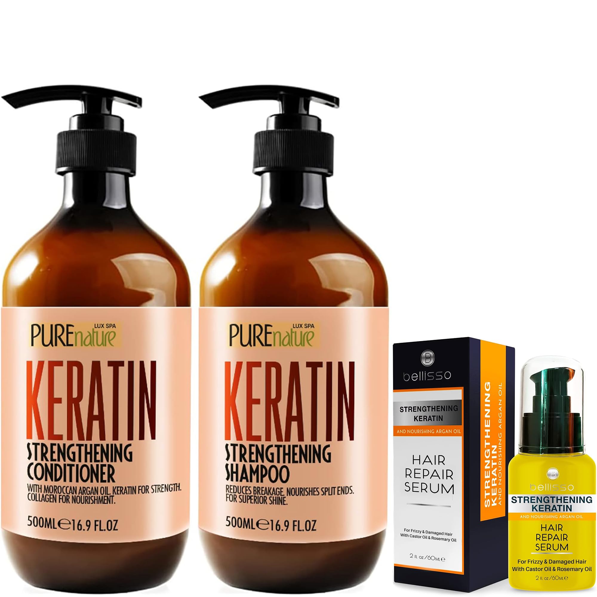 Keratin Shampoo and Conditioner Set and Keratin Hair Serum