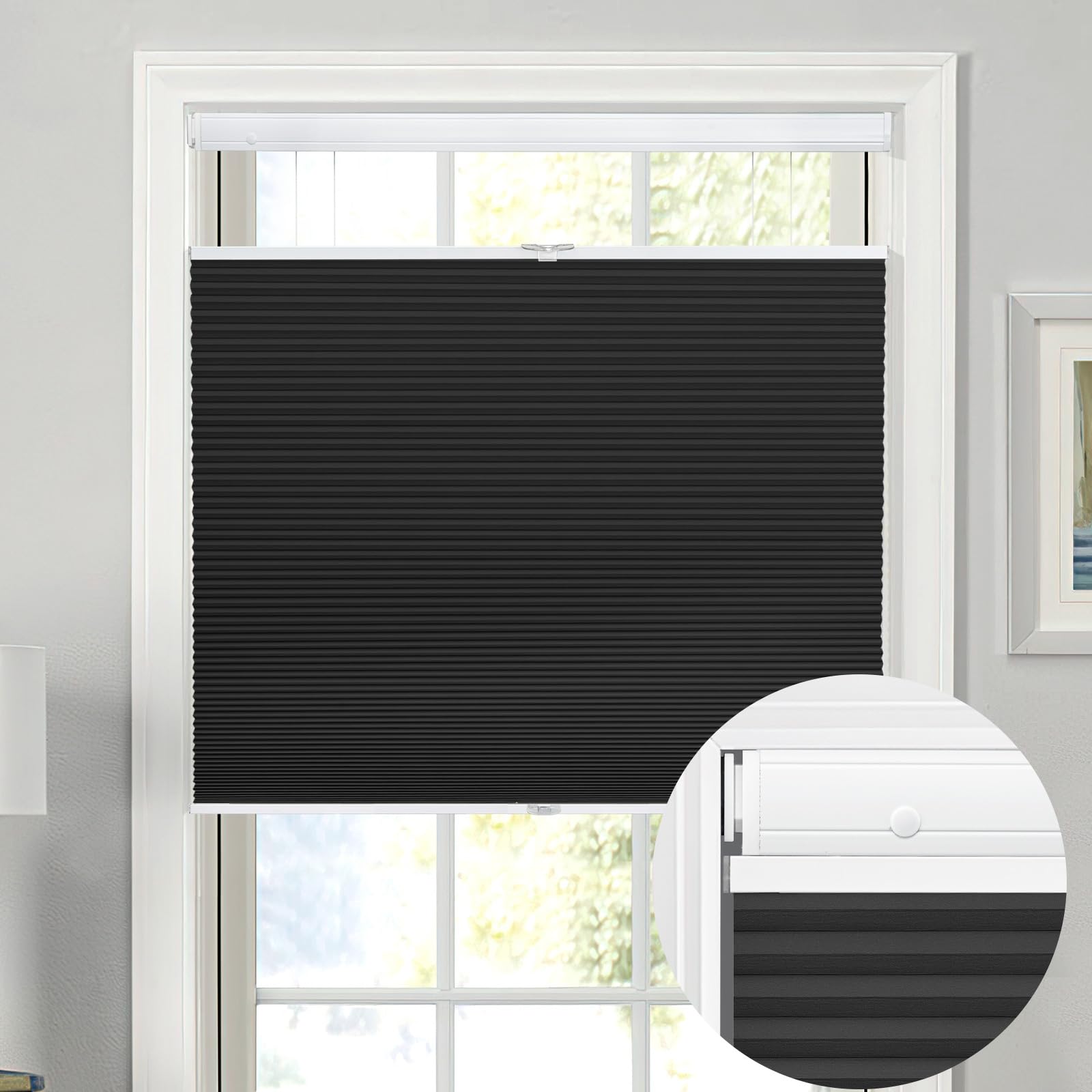 Moonice Top Down Bottom Up Honeycomb Blinds No Drill No Tools Cordless Cellular Pleated Shades 100% Blackout Thermal Window Shades Custom for Home Bedroom Office (Black, 115cm W x 150cm H)