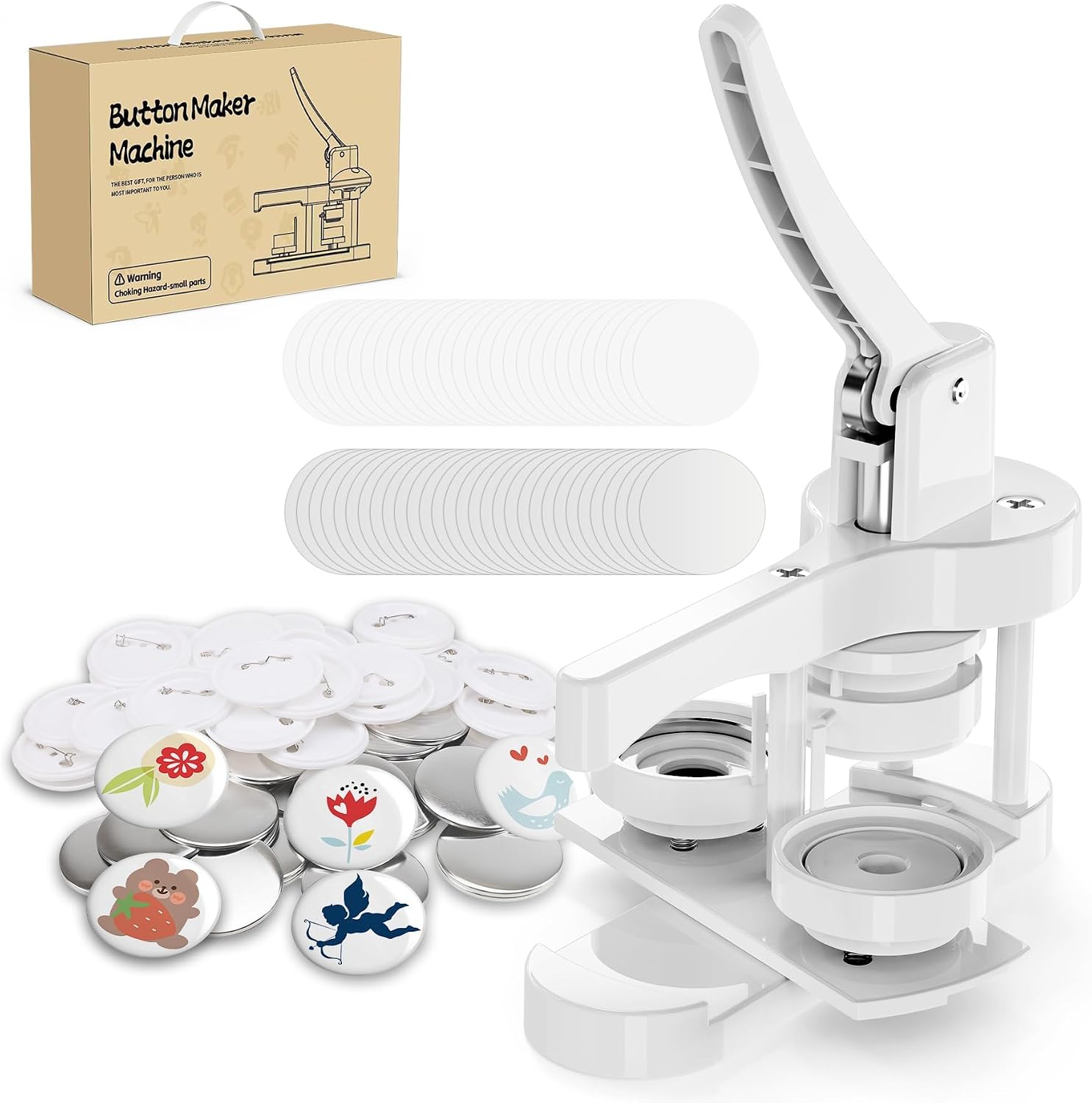 Button Maker Machine, Pin Maker Machine, Button Press Machine, DIY Badges Making Machine Kit with Free 50pcs Supplies, Installation-Free (White, 58mm)