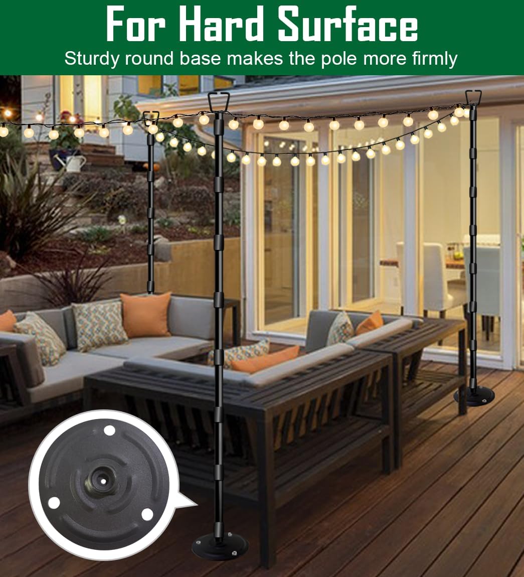 10Ft String Light Poles for Outside - 2 Pack Adjustable Metal Poles for Outdoor String Lights, Rustproof & Sturdy Light Stand Posts for Patio, Backyard, Deck, Garden, Party Decorations