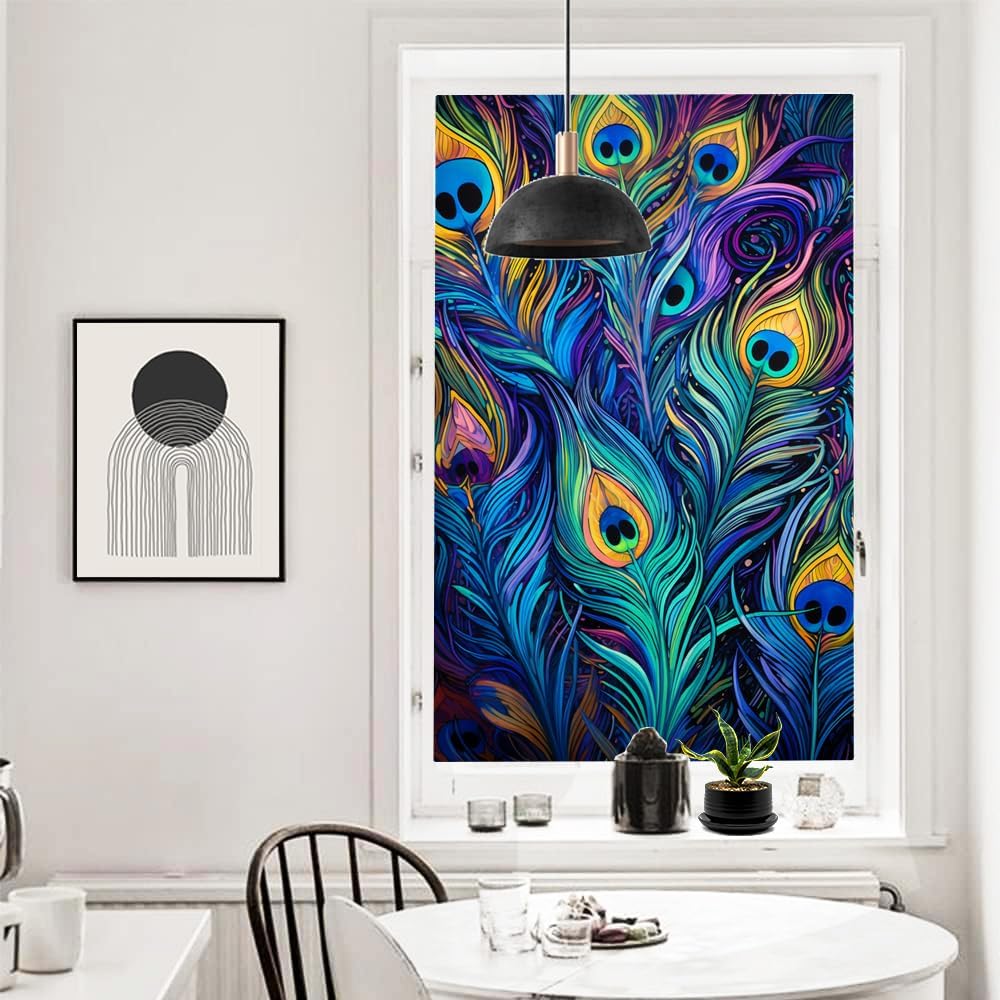 Abstract Feather Window Privacy Film Blue Colourful Animal Feather Stained Glass Window Film Sun Blocking Heat Control Decorative Window Covering Film for Home Office 35.4Wx55.1L inch