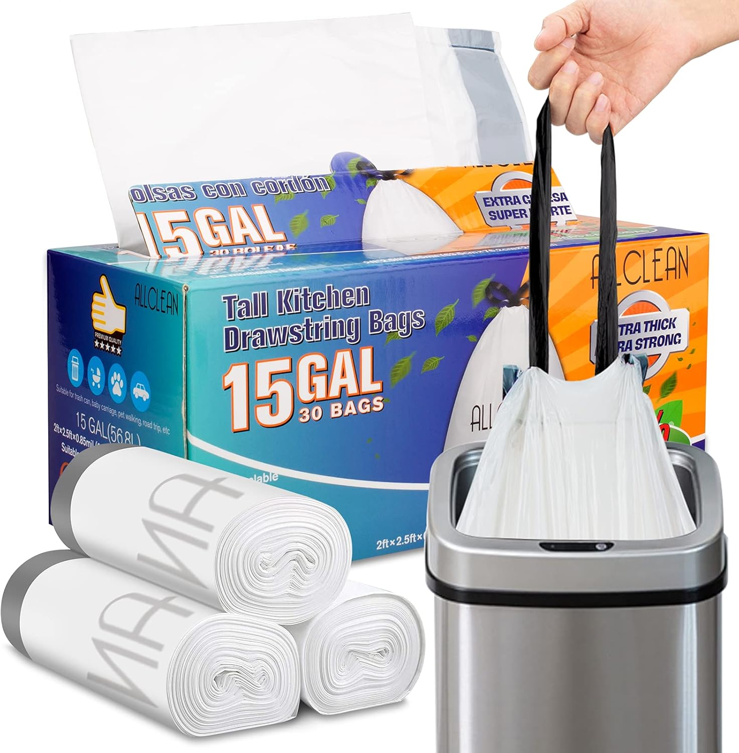 Trash Bags 15 Gallon Tall Kitchen, Drawstring Garbage Bags