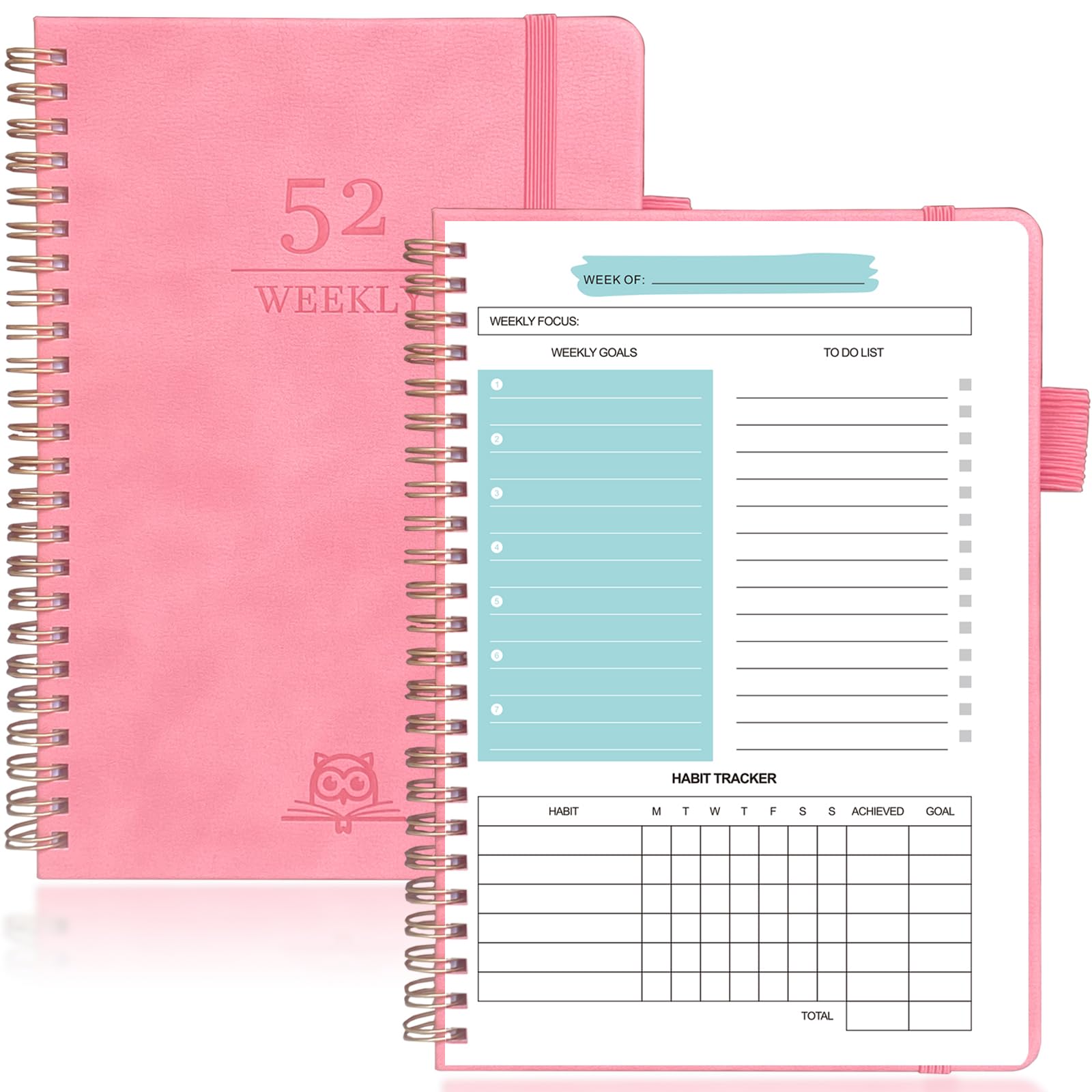 Weekly Planner Undated, 52 Weeks Goals Schedule Planner, XPLNBO Hardcover Notebook To Do List Notebook Organizers Habit Tracker Journal Agenda Planner, Spiral Binding, Pocket, Pen Loop, Pink (8x6")