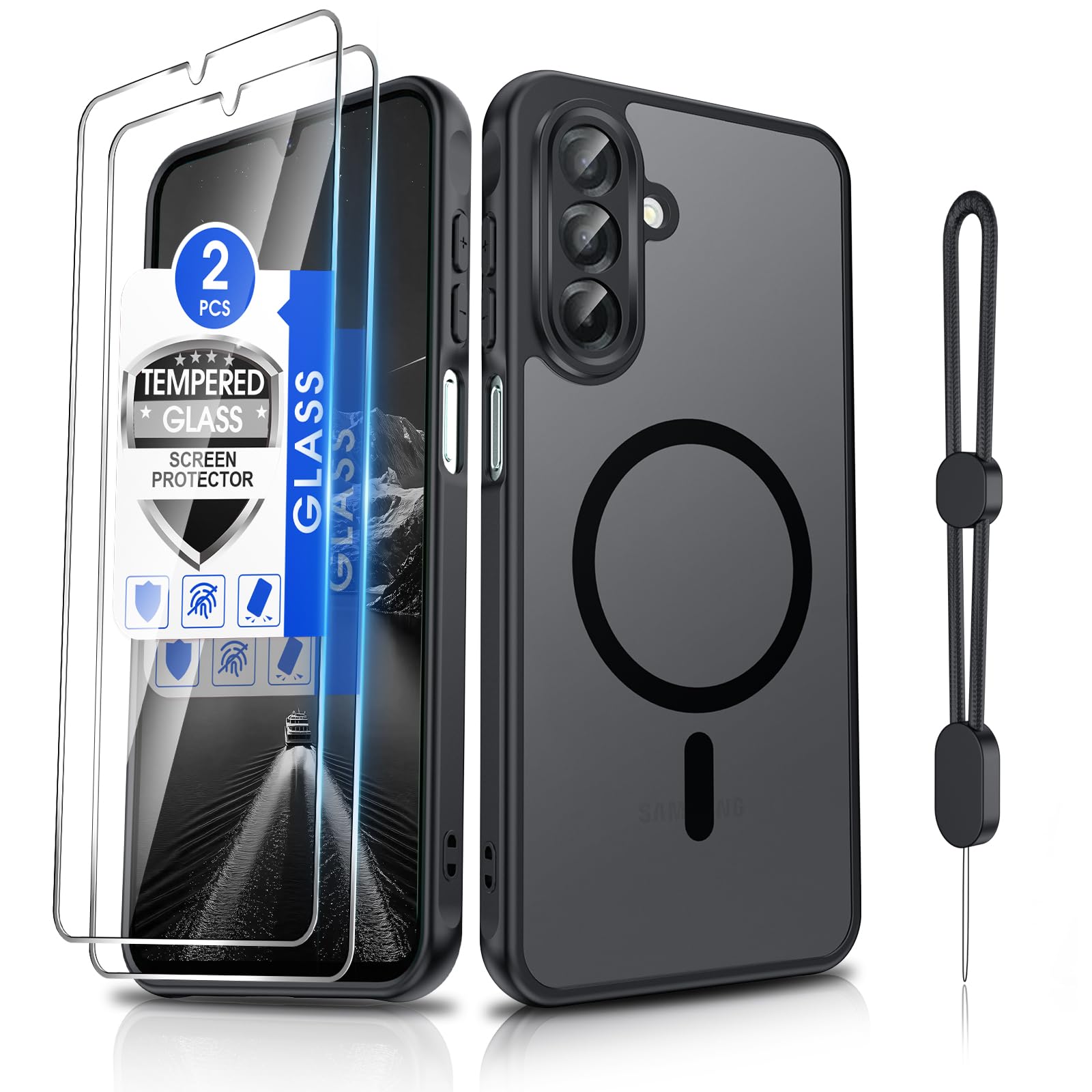 Dizn for Samsung Galaxy A26 5G Phone Case:Ultra‑Slim Matte Shockproof Protective Cover,for A26,with [2 Pcs] Tempered Glass Screen Protector,[Fit Magsafe],with Strap &amp; Soft Funda para A 26,Black