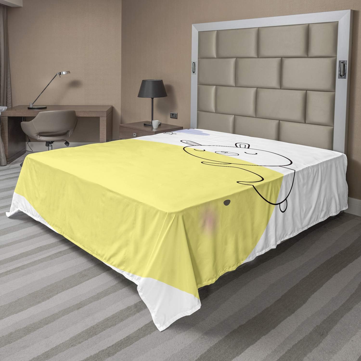 Ambesonne Moon Flat Sheet, Doodle Style Cartoon Bunny Sleeping on Moon with Stars and Cloud Colorful Image, Soft and Comfortable Top Sheet Decorative Bedding 1 Piece, Full Size, Yellow Pink Blue