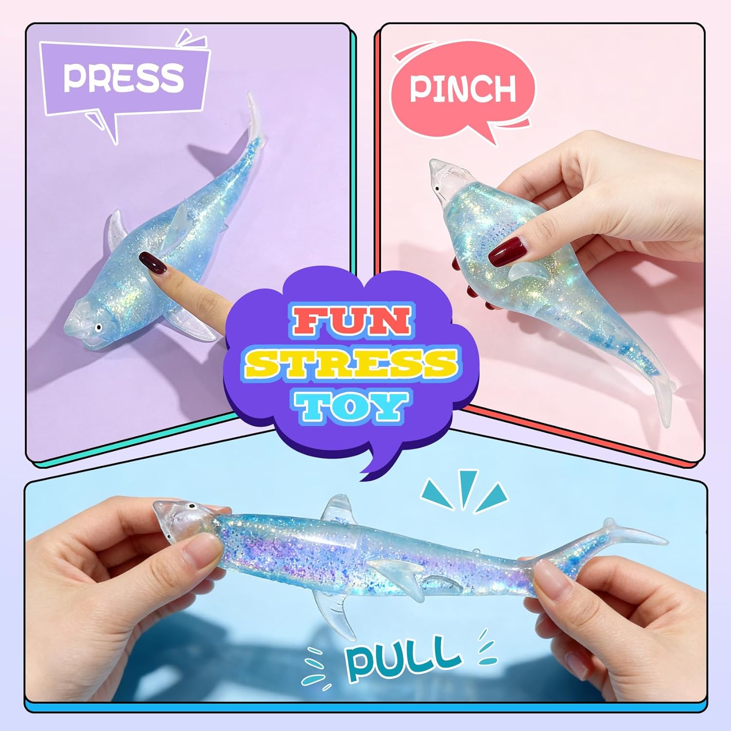 Glitter Shark Stress Balls - Squishy Squeeze Fidgets & Desk Accessories for Adults & Teens - Sensory Sugar Ball Texture for Office, Party Favors, and Novelty Gifts (Blue and Purper)