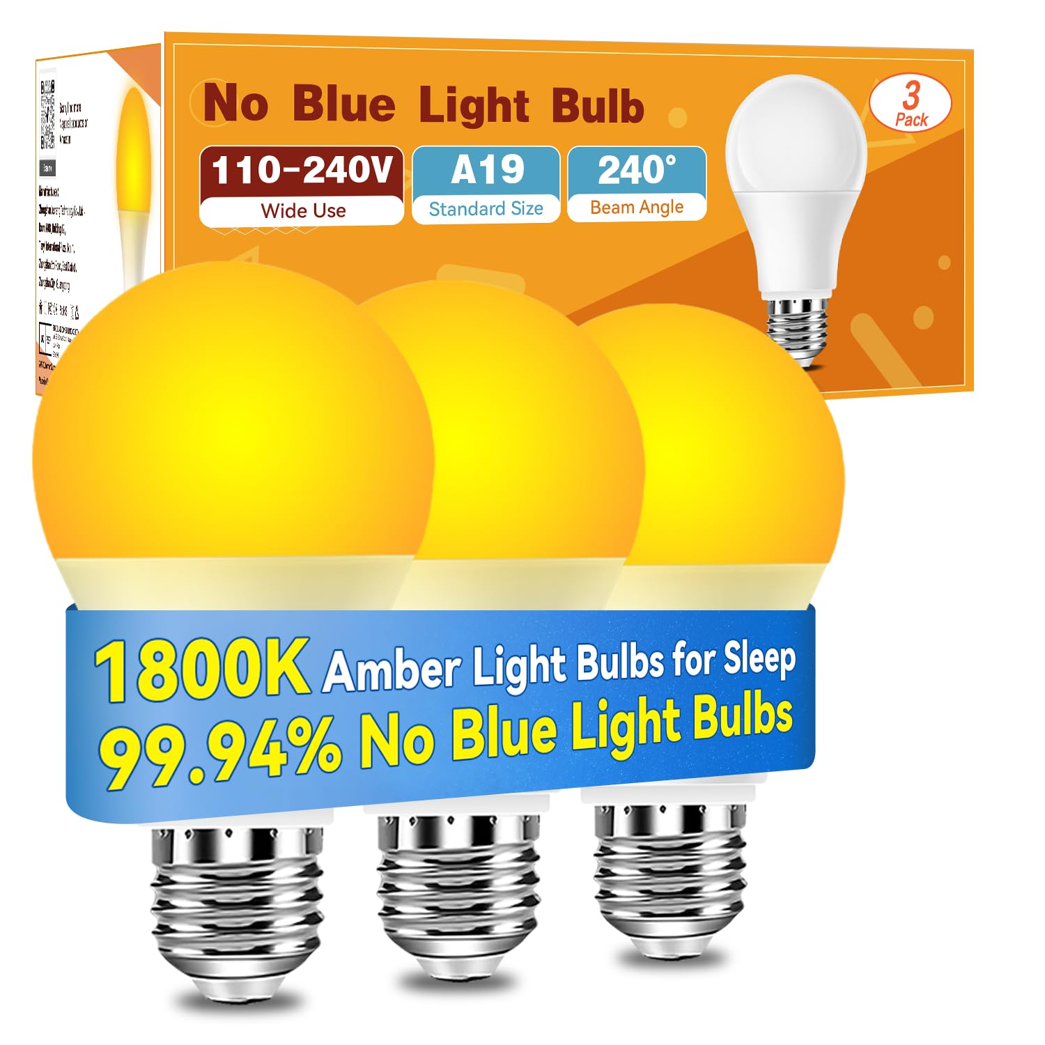 Neporal Amber Sleep Light Bulbs 1800K 3PK, 9W 60 Watt Equivalent, 99.96% Blue Blocking Soft Warm Light Bulbs A19, Amber Night Light E26 for Bedroom and Baby Nursery Light