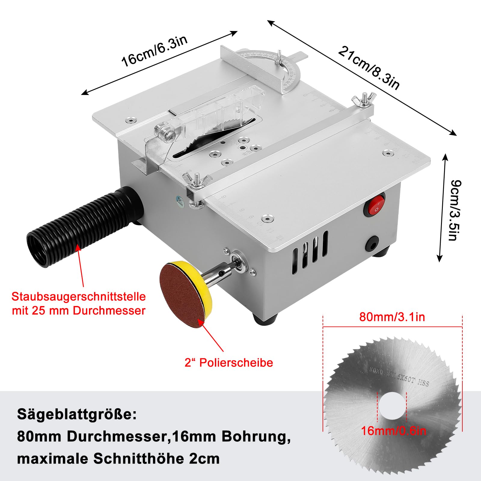 Mini sega circolare da tavolo con levigatrice a nastro, sega da tavolo regolabile con 4 lame e linguetta di sicurezza, lama da 0,1 – 20 mm, regolabile in altezza