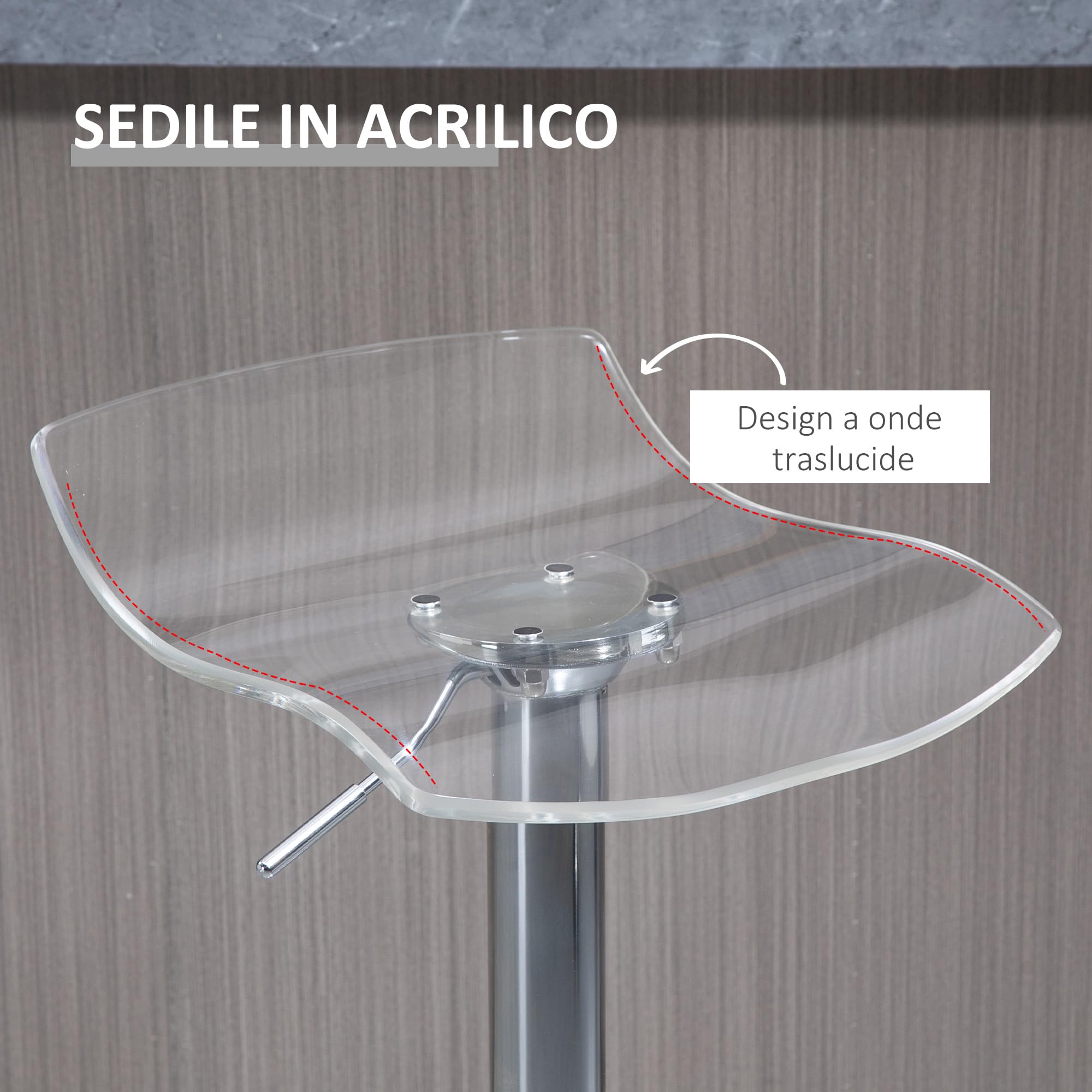 HOMCOM Set 2 Sgabelli da Bar con Altezza Regolabile, Sgabelli da Cucina Alti con Seduta Girevole e Poggiapiedi in Metallo e Acrilico, 39x39x67-87 cm, Trasparente