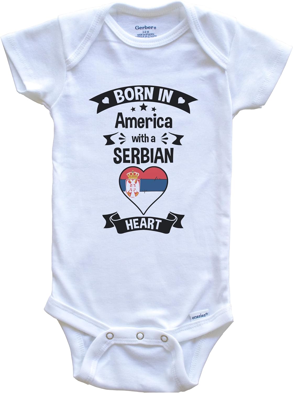 Born in America with A Serbian Heart One Piece Baby Bodysuit