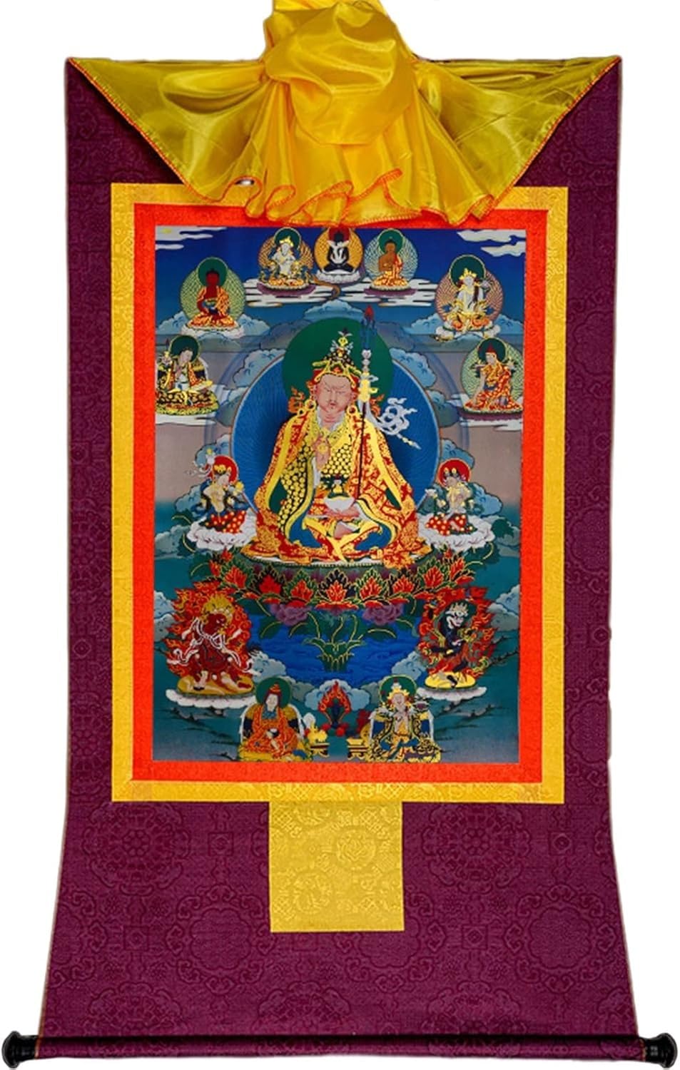 Peinture tibétaine Thangka Faite à la Main, Padmasambhava – Peinture de Broderie tibétaine, Papier d'affiche en Brocart Thangka Bouddhiste Fait à la Main(Purple,S)