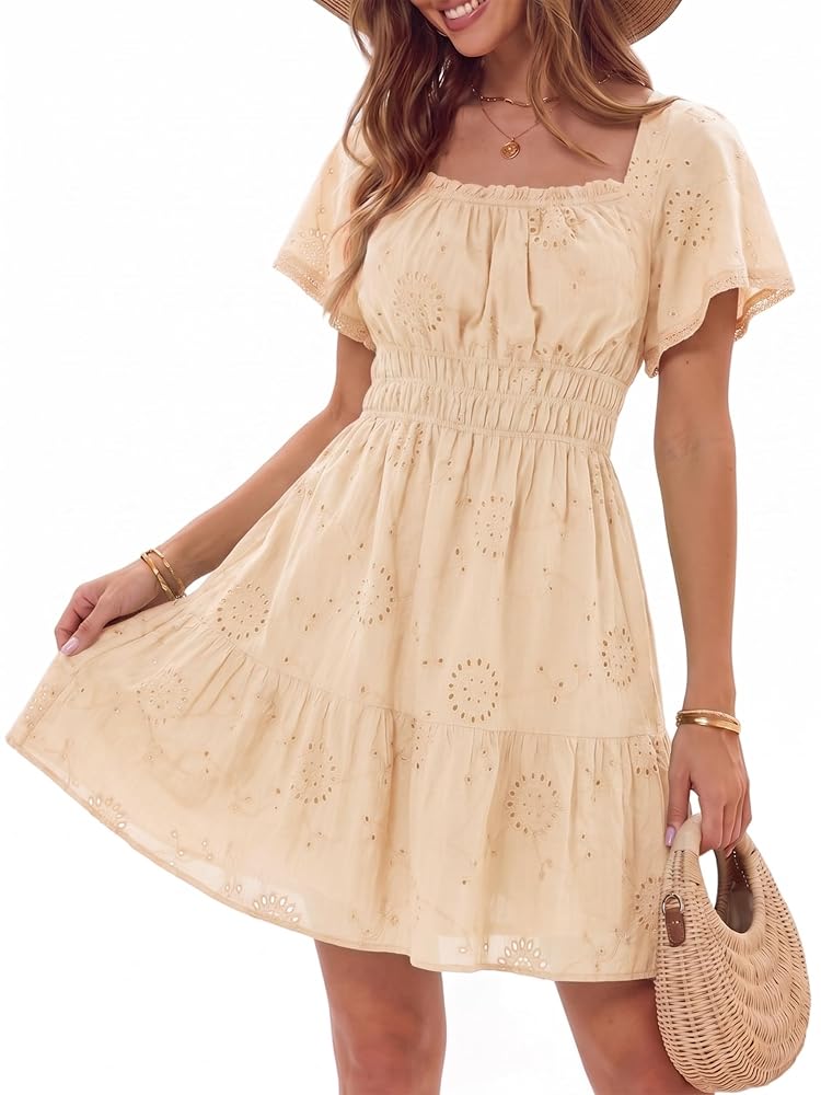 AUMORA Womens Eyelet Mini Dress