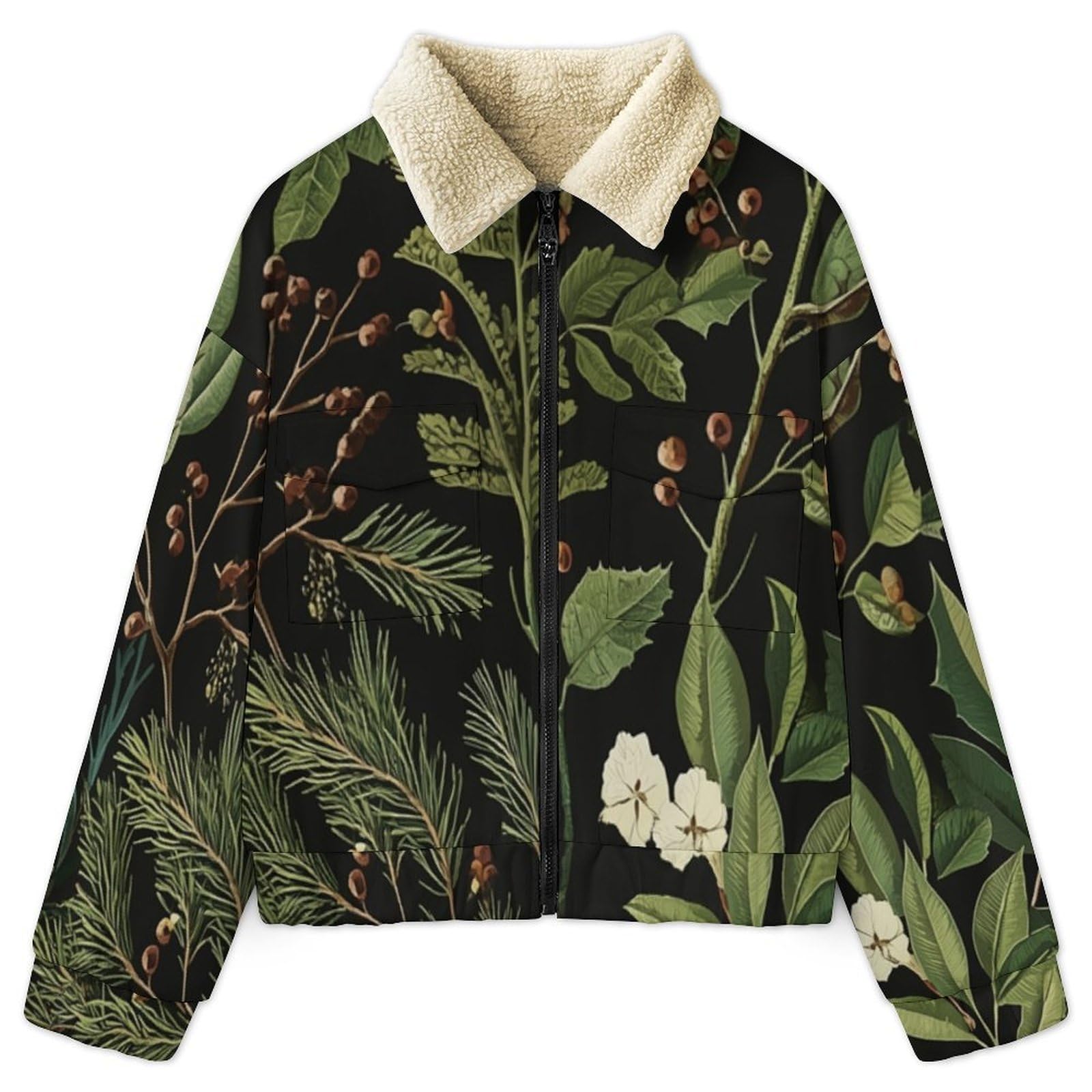 Giacca in Pile Caldi da Donna, Pianta Moda con Stampa a Foglie di agrifoglio e pigne, Invernale, a Maniche Lunghe, con Chiusura Lampo, Spessa, Comoda, con Tasche