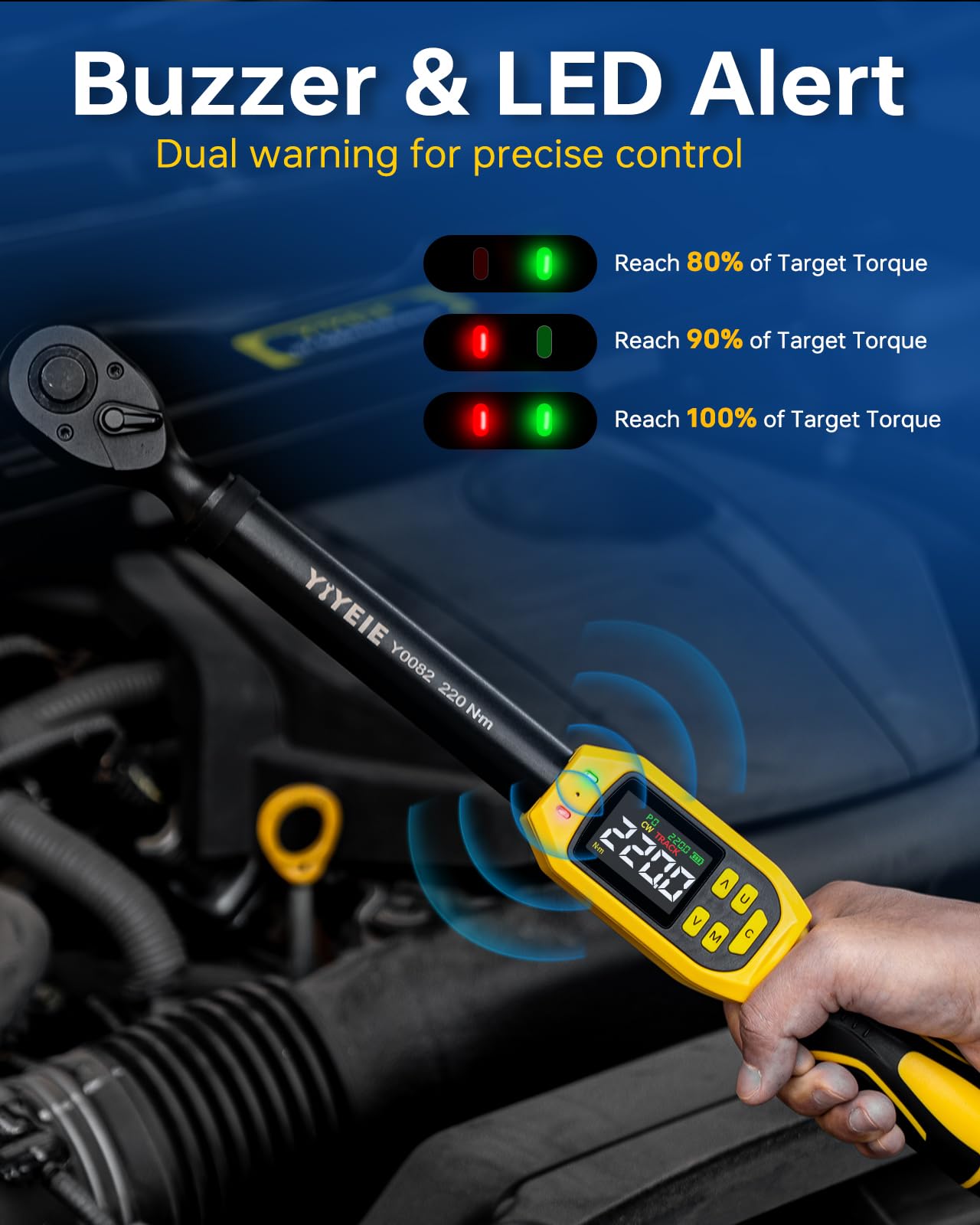 YIYEIE 8 llaves dinamométricas digitales de 1/2 pulgada | 8-160 pies-libras | Precisión ± 1% | Alerta inteligente Multi | Kit de lengüeta de neumático de 1/2 pulgada para motocicleta, automóvil