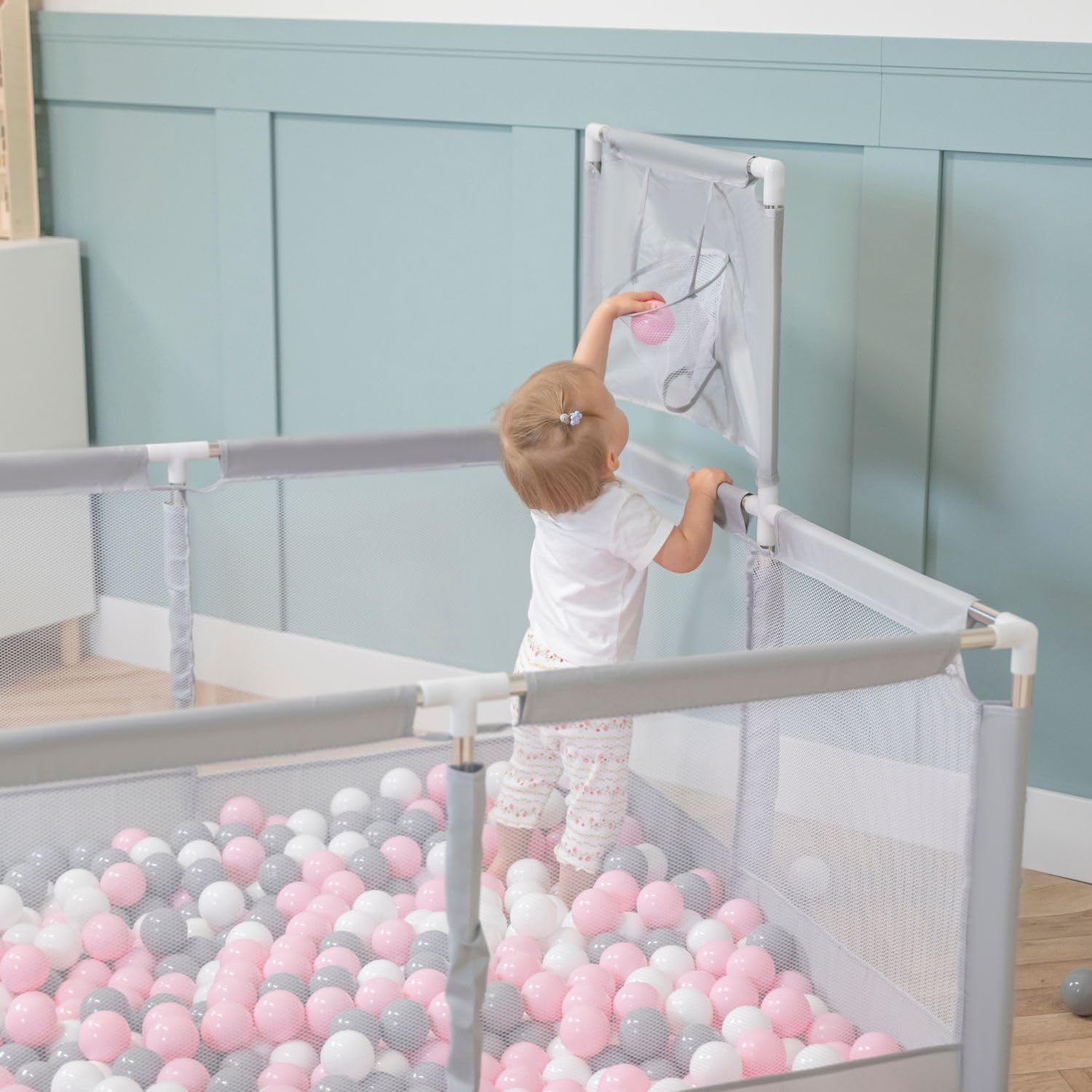 Selonis Parc Bébé Avec 100 Balles Plastiques Aire De Jeu Pliable Basket, Bleu:Bleu/Babyblue/Perle