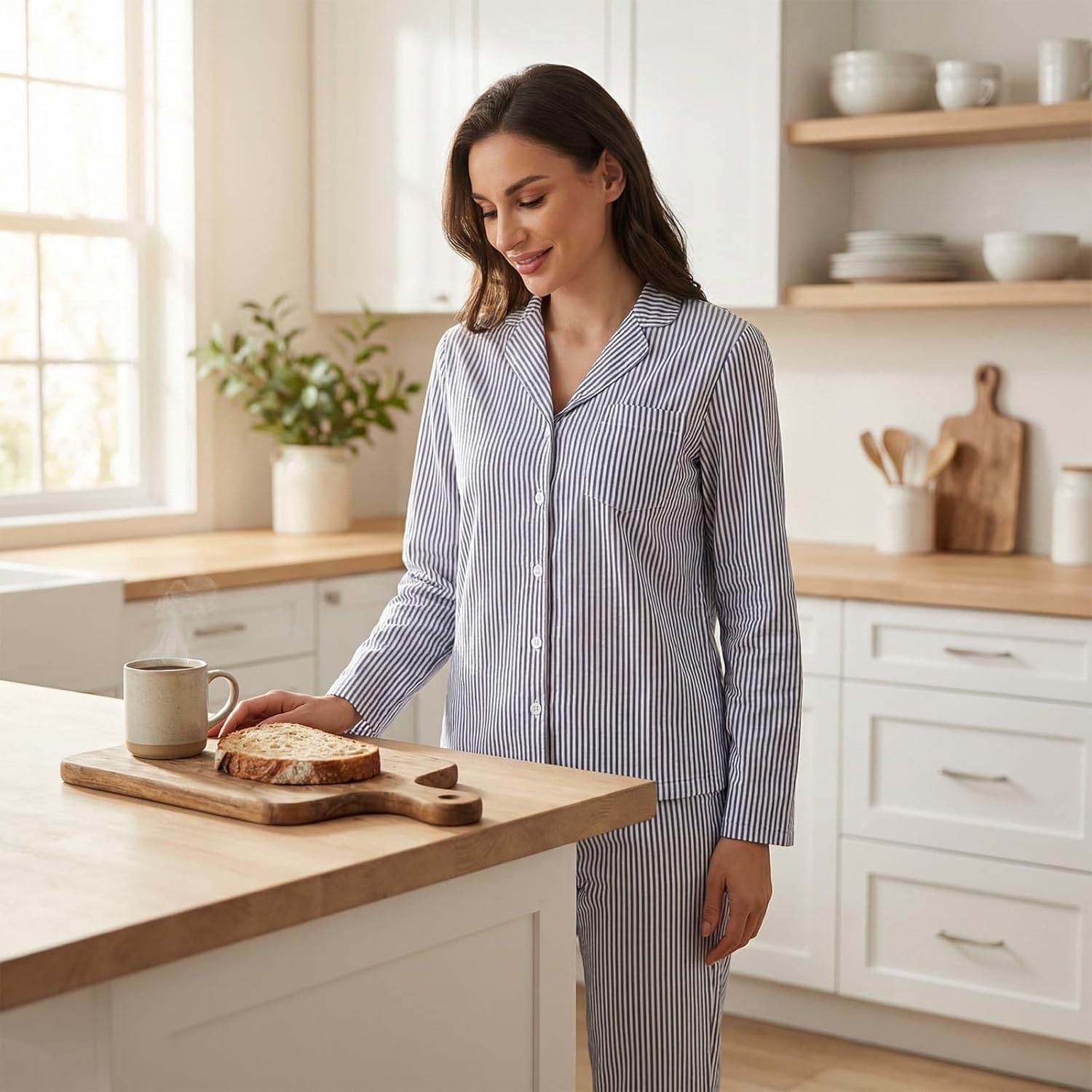 Women's Striped Seersucker Pajama Set Cotton Long Sleeve Button Down PJs 2-Piece Lounge Set with Pockets - Image 6