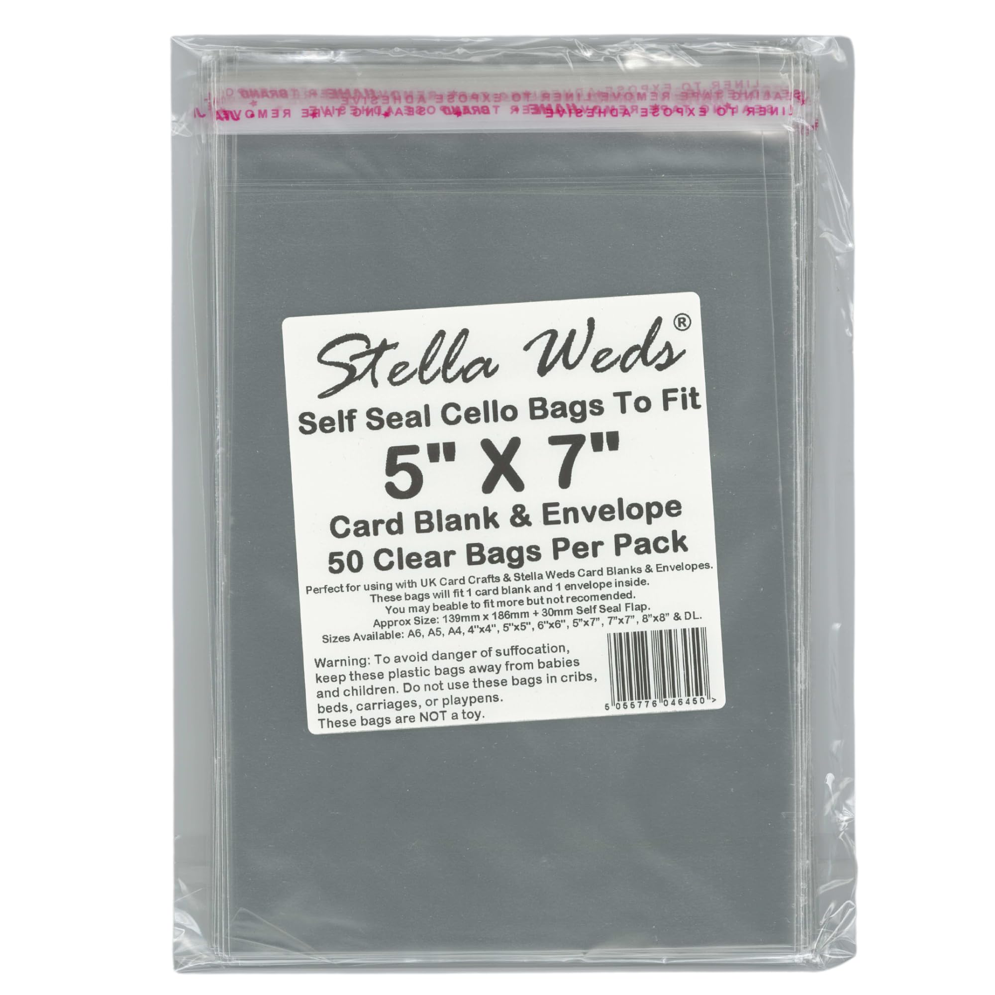 Clear Self Seal Bags To Fit 5x7 Card Blank & Envelope x 50 Per Pack - Cello Packing Bags, Cookies, Sweets, Gifts, Jewellery