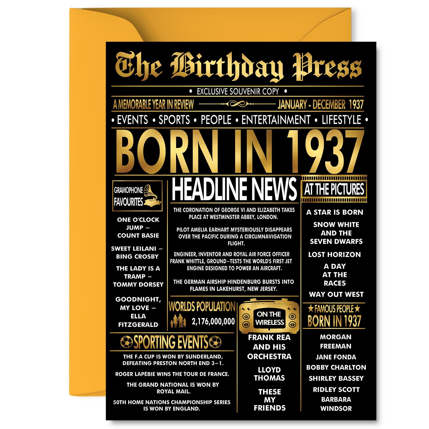 Gold 89th Birthday Card for Men Women - Black & Golden Newspaper Born in 1937 - Happy 89 Birthday Cards for Grandma Husband Dad Nan Grandad Wife, 5x7 Inch Bday Greeting Cards