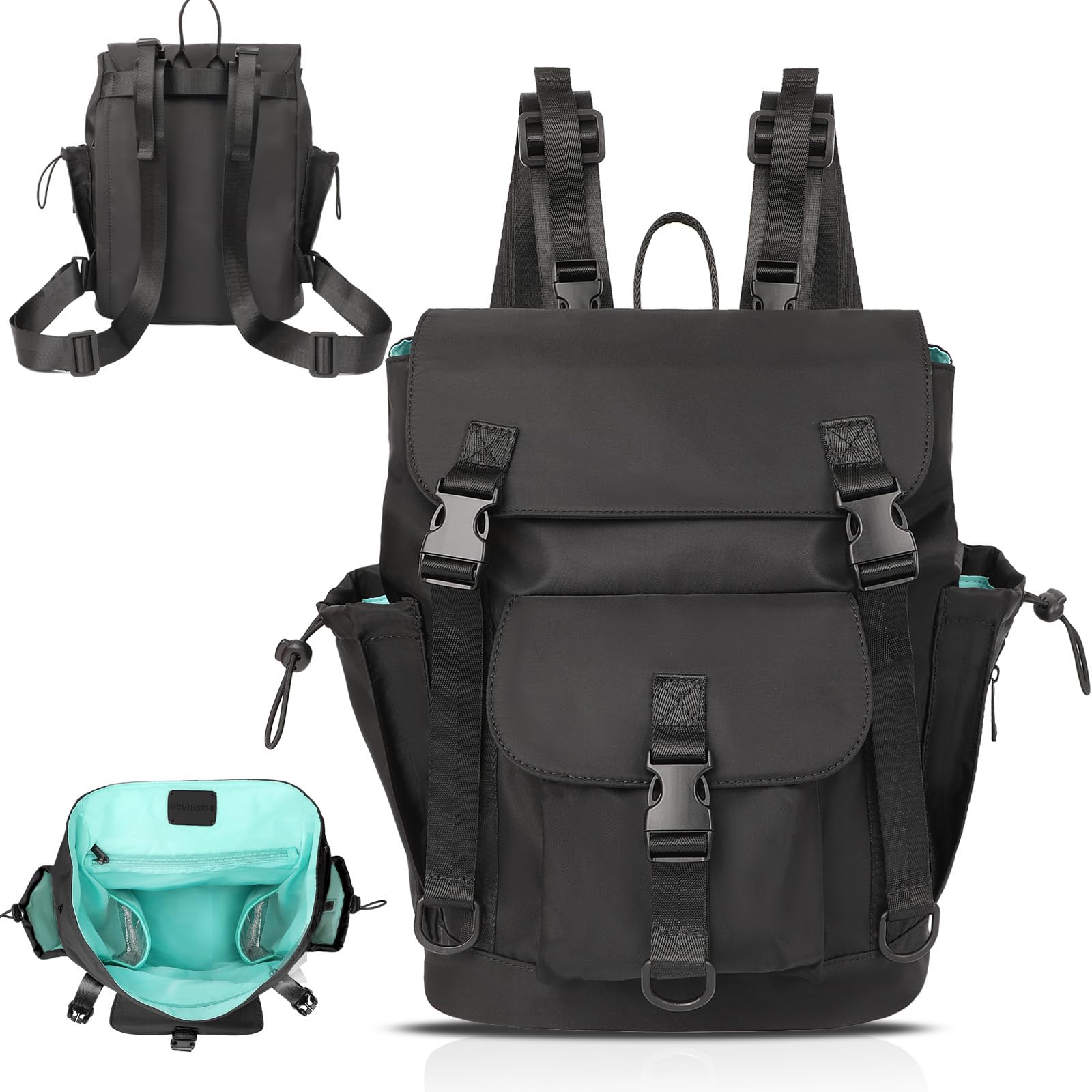 MOMINSIDENeoprene Diaper Bag Backpack - Small Diaper Bag Backpack, Mini Baby Bag for Girls Boys, 2 Insulated Pockets, Stroller Straps, 3 Buckles (Black)