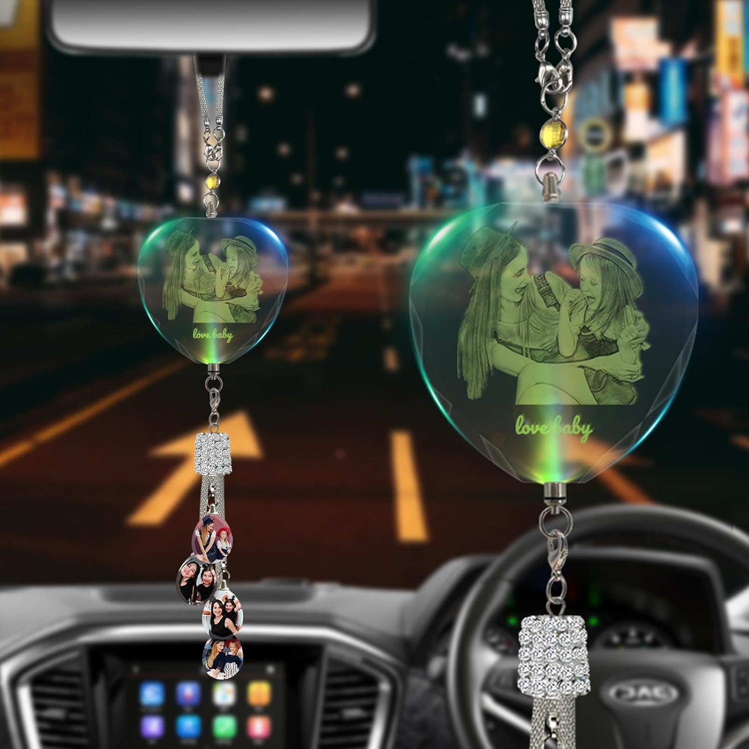 Personalized LED Crystal Car Charm, Custom Photo Engraved Pendant for Rearview Mirror, Glowing Car Accessory Gifts for Family, Lovers, Friends