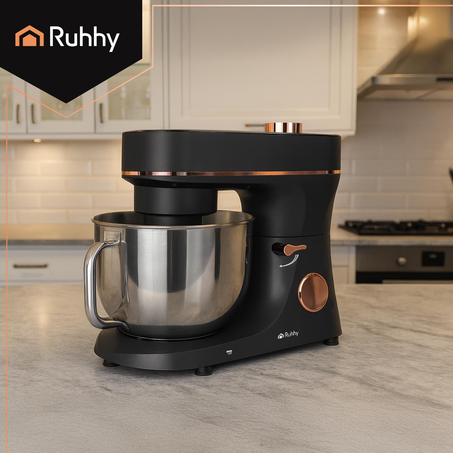Robot de cocina con tazón de mezcla calefactable de 6,2 l – Batidora planetaria RUHHY 2000 W 11 velocidades y pantalla táctil – Amasadora de masa para pan, pizza, pasteles y pasteles (negro y dorado)