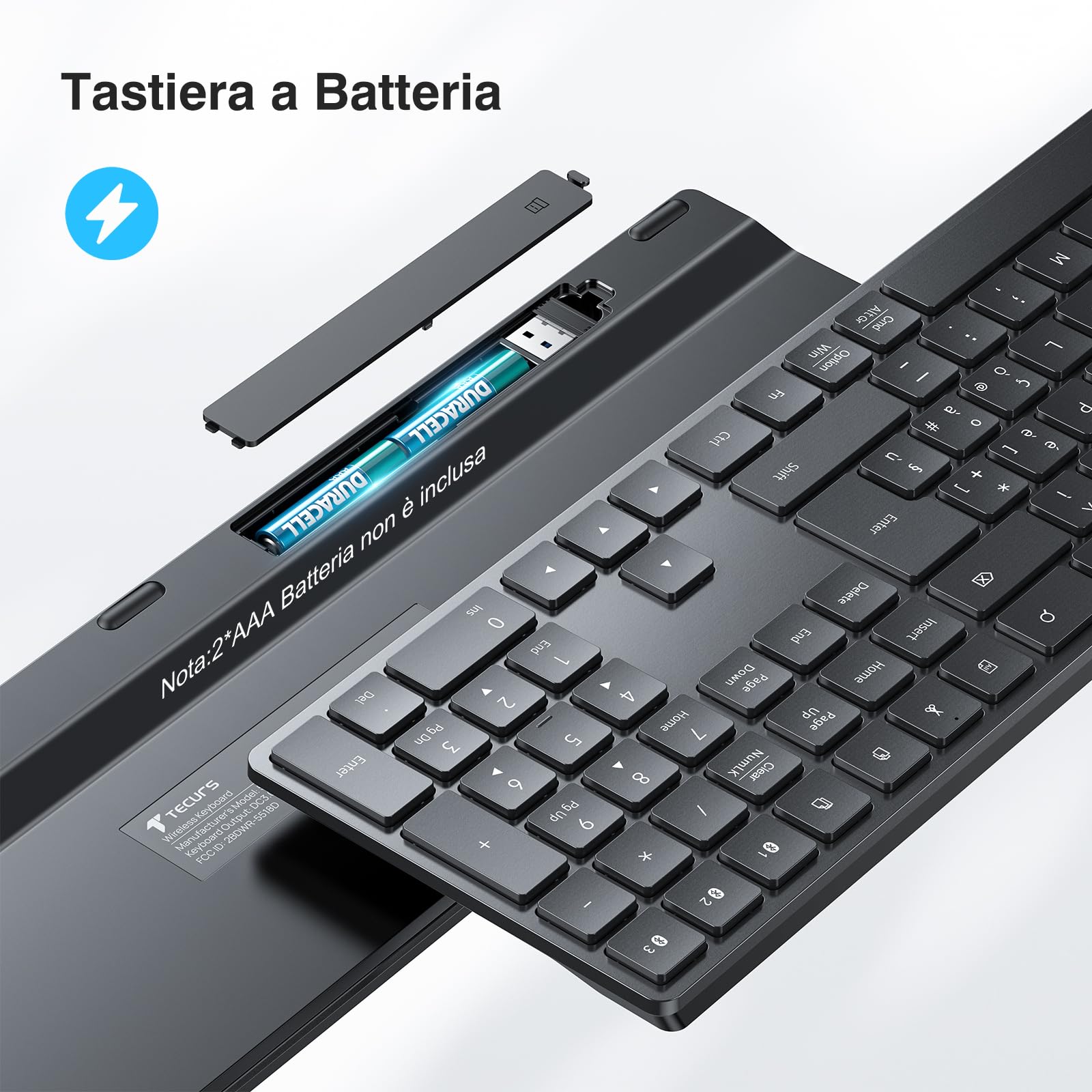 TECURS Tastiera Wireless Bluetooth, Tastiera Senza Fili Full-Size, Tastiera da Ufficio Multi-Dispositivo con 3 Canali Bluetooth per PC Computer Windows Mac, Tastiera Layout Italiano QWERTY, Nero