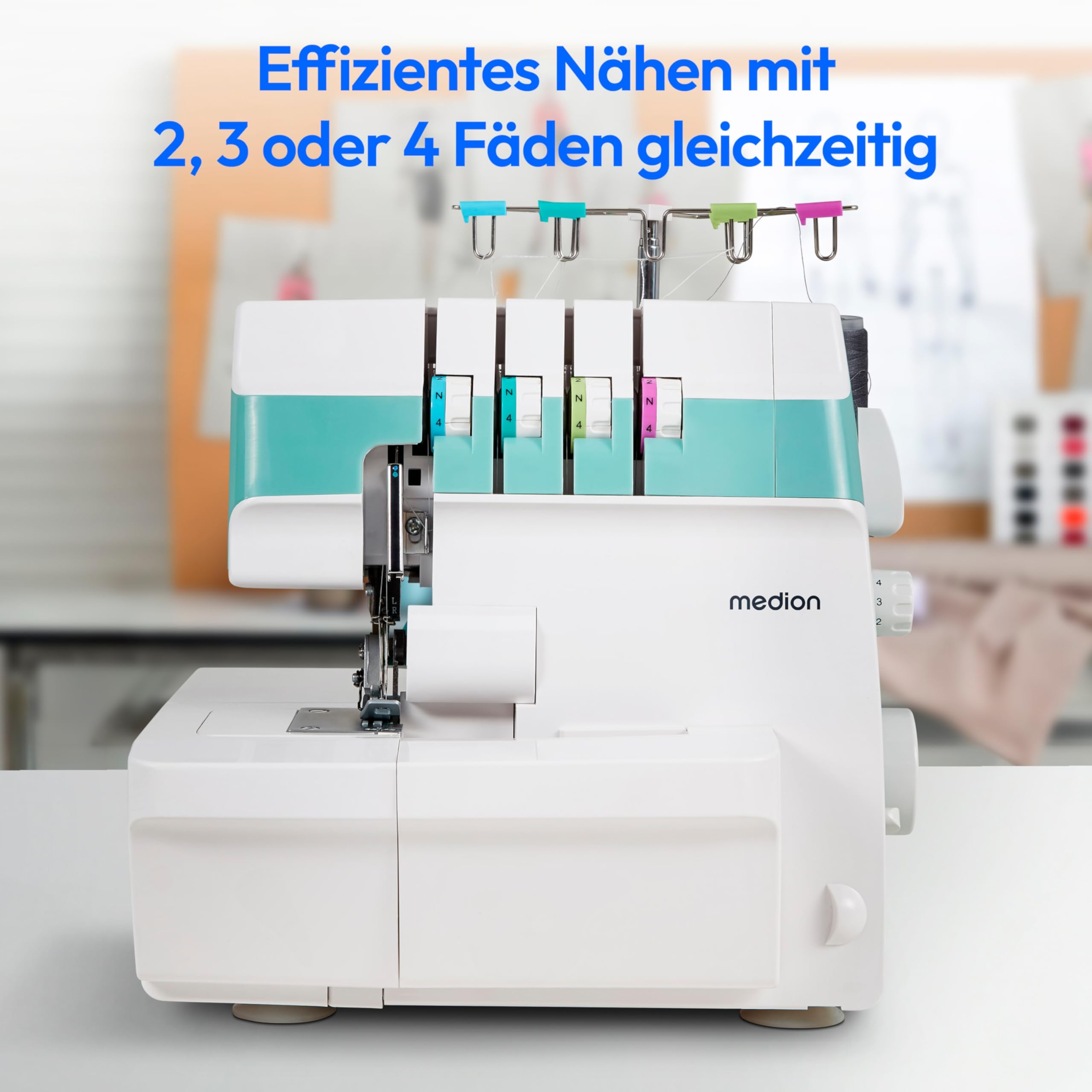 MEDION Overlock Nähmaschine SO90 (elektrisch, 90 Watt, LED Licht, mit einem Arbeitsgang schneiden, umfangreiches Zubehör, MD19169) türkis