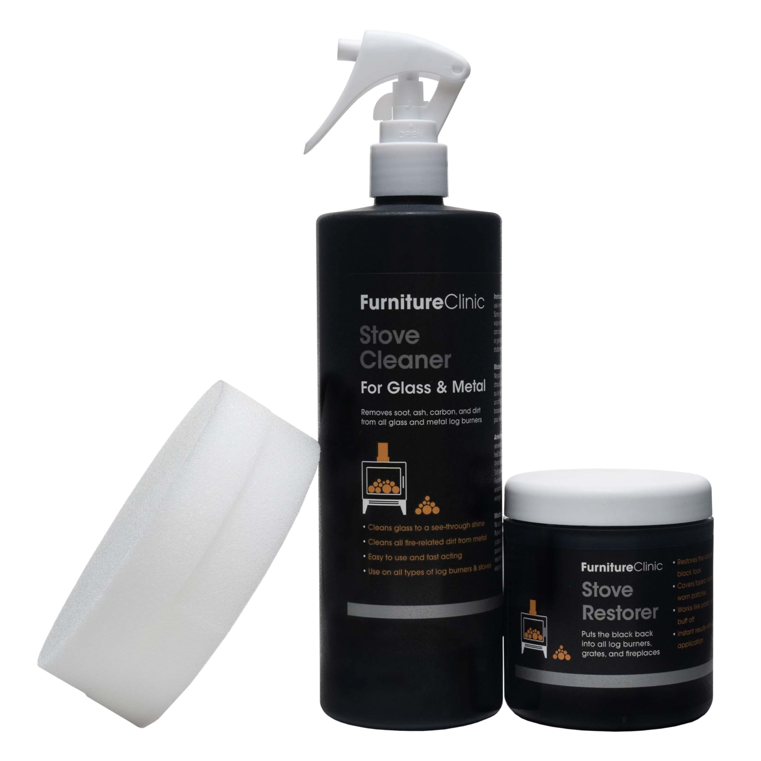 Furniture Clinic Stove Care Kit, Clean and Restore Log Burners, Grates, & Fireplaces, Removes Soot and Dirt