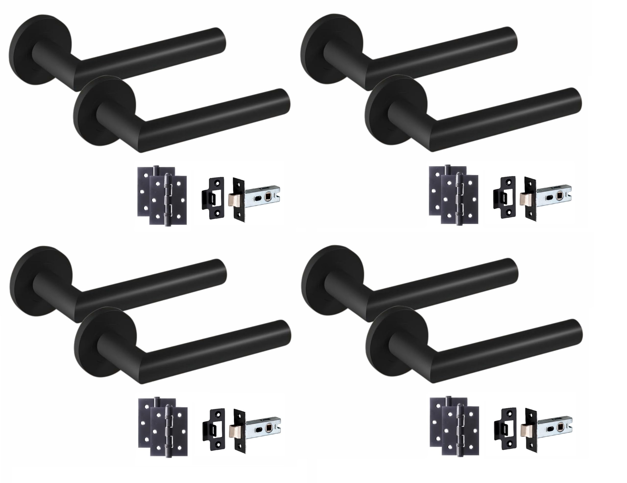 Golden Grace Mitred Design Door Handles on Round Rose in Matt Black Finish with 2.5" Tubular Latch & 3" Ball Bearing Hinges, 4 Pairs - 52mm Diameter
