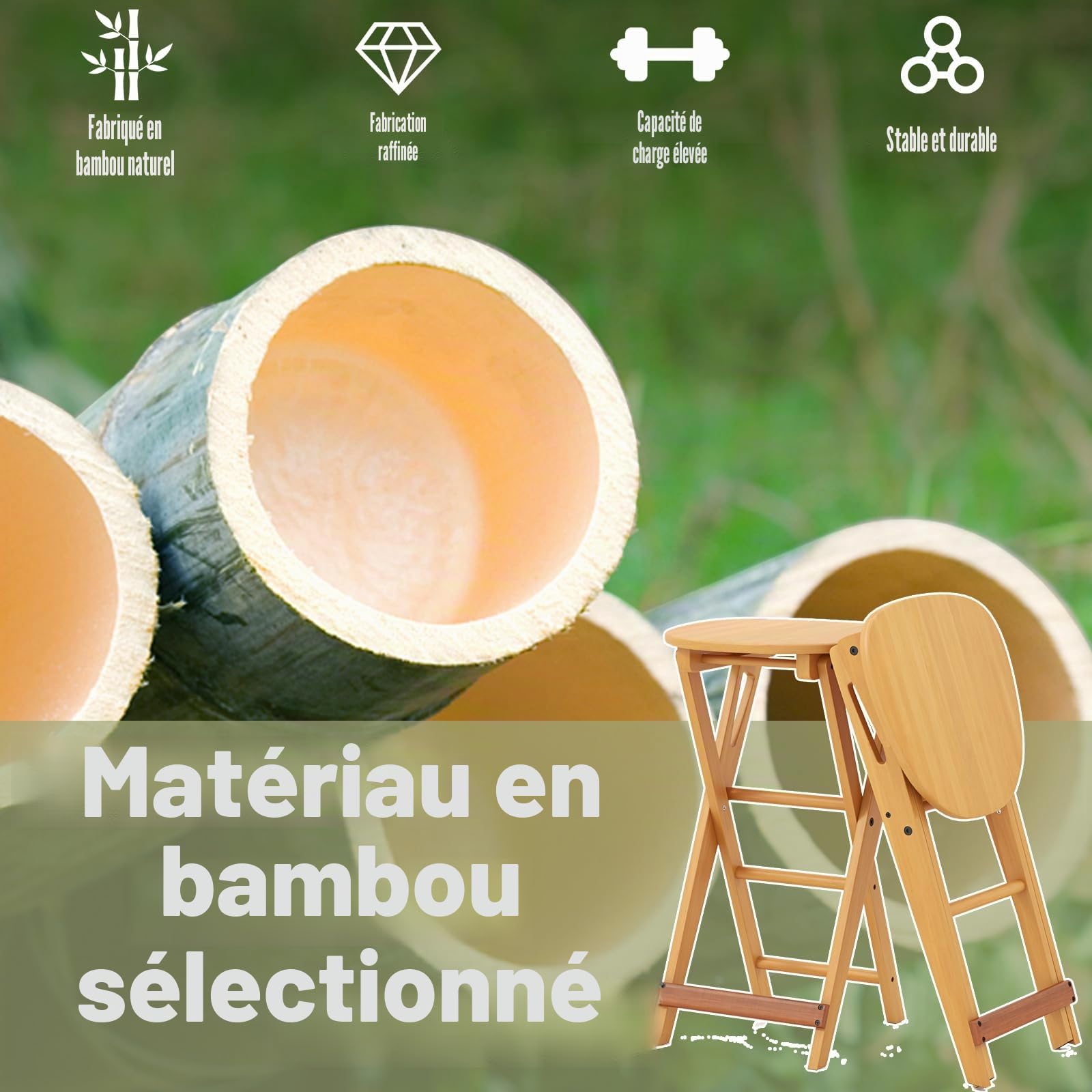 HOMASIS Lot de 2 tabourets de Bar Pliables en Bambou avec 3 Repose-Pieds