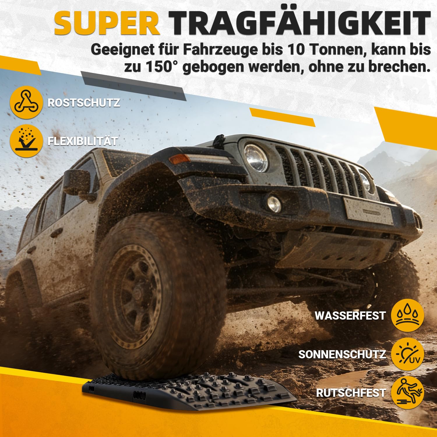 Herrselsam 2 Stücke Sandbleche Offroad Traktionsmatte Kunstoff Anfahrhilfe Recovery Board Tracks mit Aufbewahrungstasche und Installationstool，10T Last für Geländewagen Wohnmobil PKW LKW