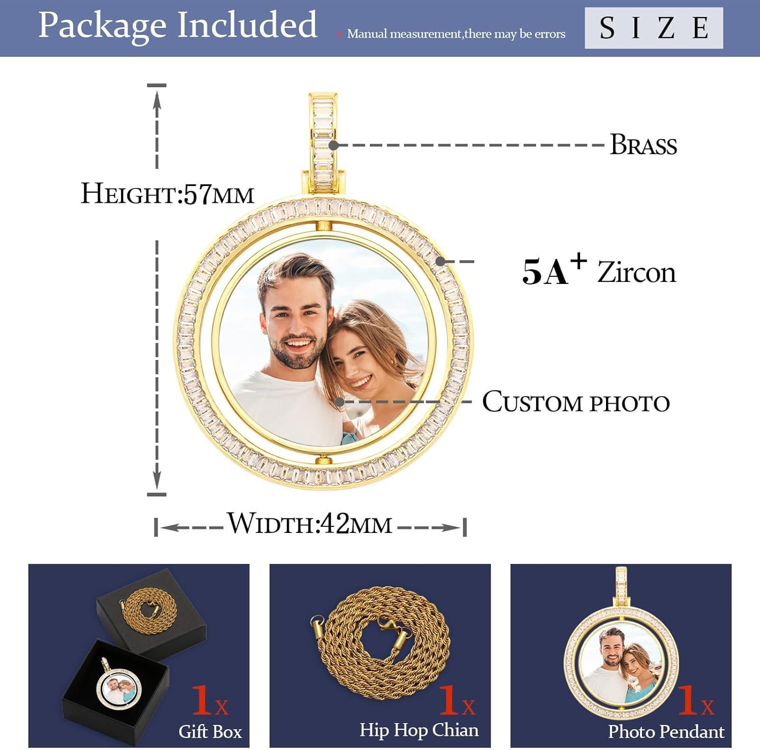 Photo Custom Necklace for Men Women Double-Sided Rotating Necklaces Circle Chain Memorial Necklace with Picture Inside Hip Hop Custom Jewelry