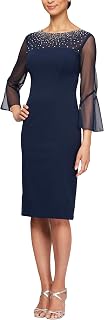Alex Evenings Women's Short Shift Cocktail Dress with Embellished Illusion Neckline & Sheer Bell Sleeves