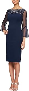 Women's Short Shift Cocktail Dress with Embellished Illusion Detail, Wedding Guest (Petite and Regular Sizes)