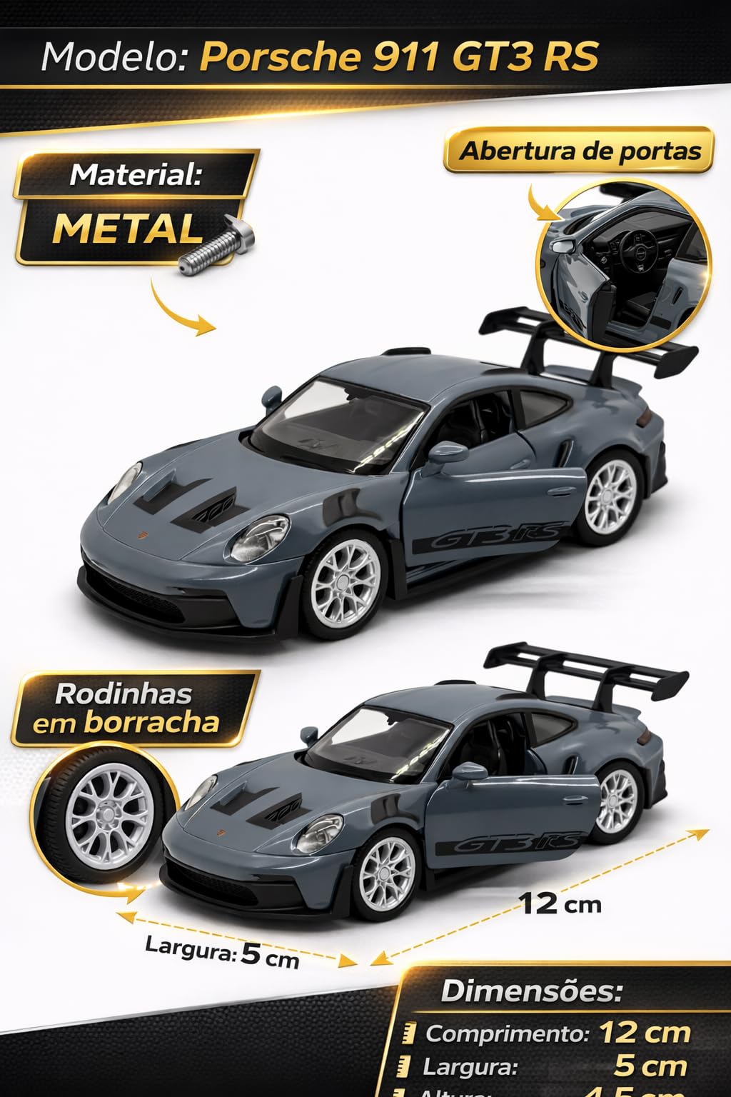 Carrinho de ferro Miniatura Porsche 911 GT3 RS, Rmz City, 12,CM