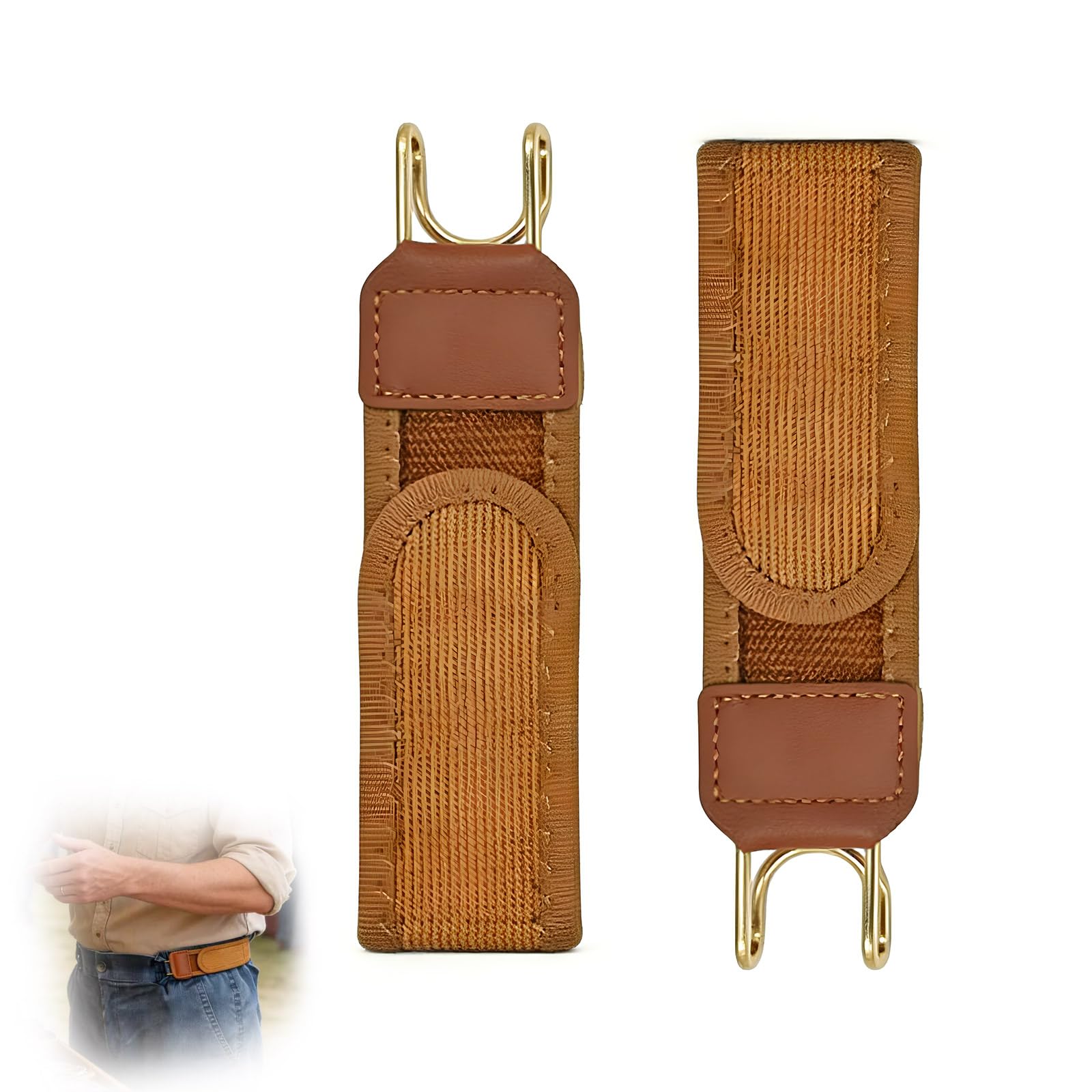Vovora Unisex Brown 2 Pcs Buckleless Belt Hooks, Adjustable Metal Hook No Buckle Belts, Elastic Belt Buckle Free For Men Women (Brown)