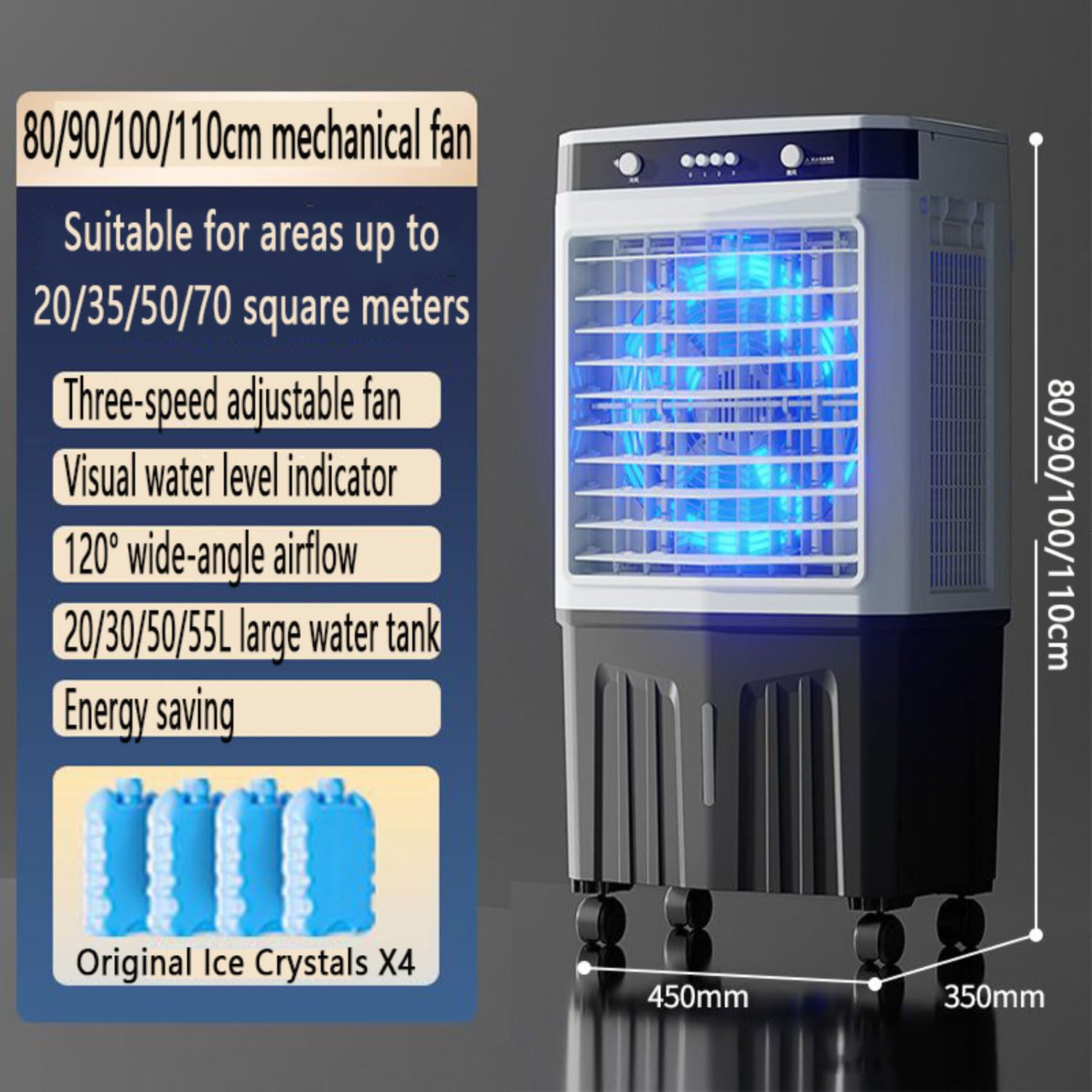 Swamp Cooler - Condizionatore d'aria evaporativo con serbatoio dell'acqua da 55 litri, raffreddamento 24 ore, oscillazione 60°, 4 ventole di raffreddamento per camera da letto, senza tubo necessario