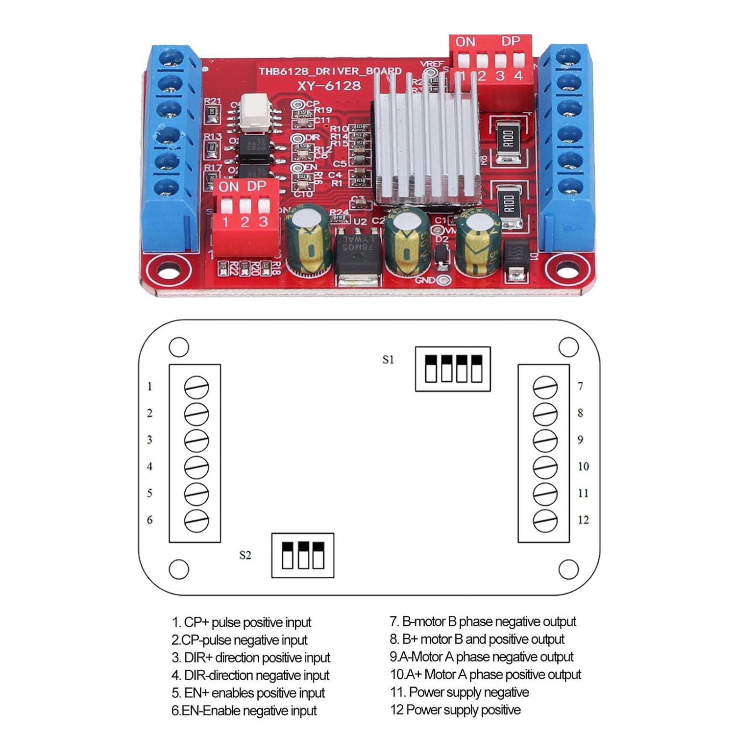 Diagram of THB6128 Motor Controller with pinout labels.