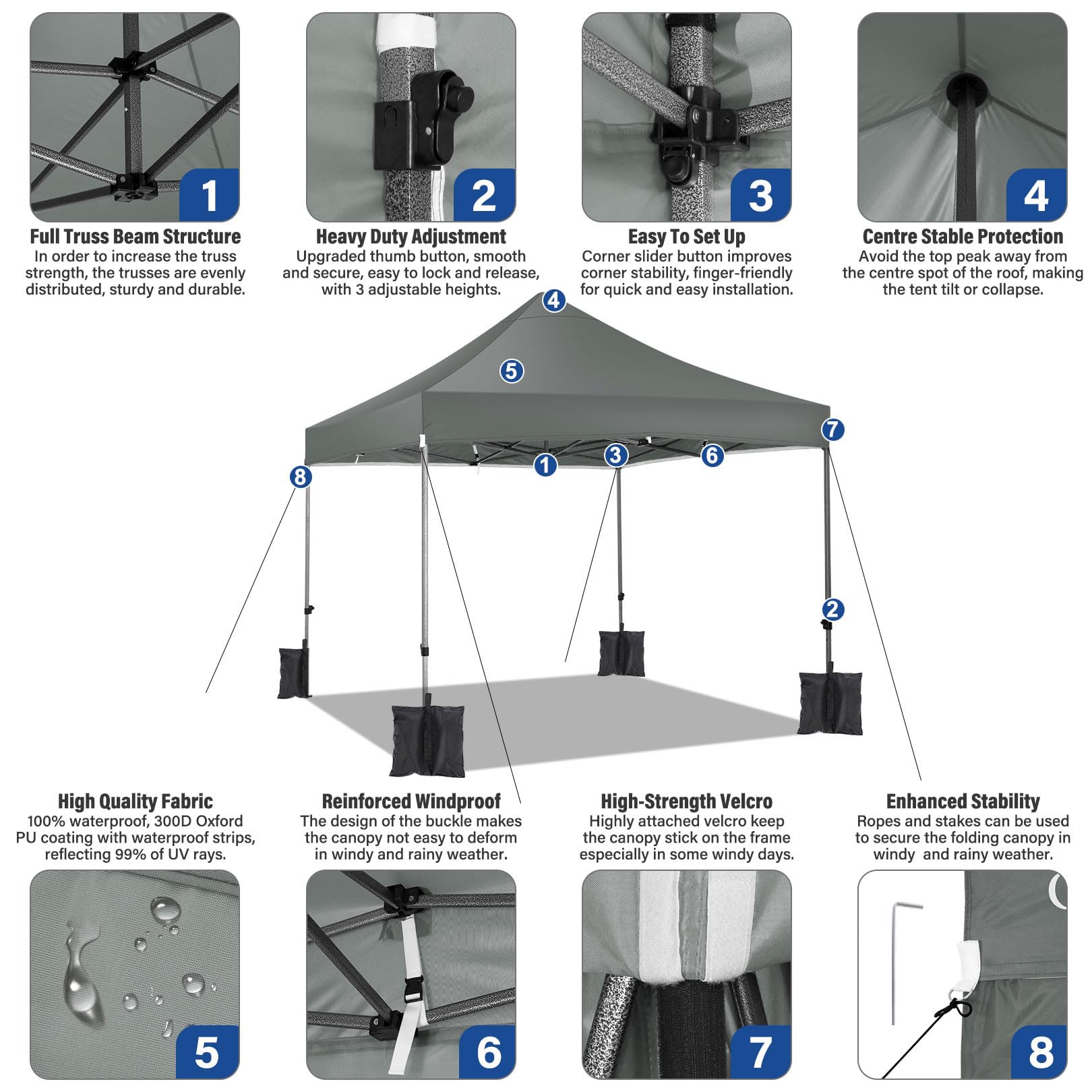 COBIZI Tenda da Festa 3x3M Heavy Duty Pop up Canopy Senza Pareti Laterali, Altezza Regolabile, Facile da Montare, UPF 50+, Impermeabile per Tutte le Condizioni Meteorologiche, con Borsa a Manico