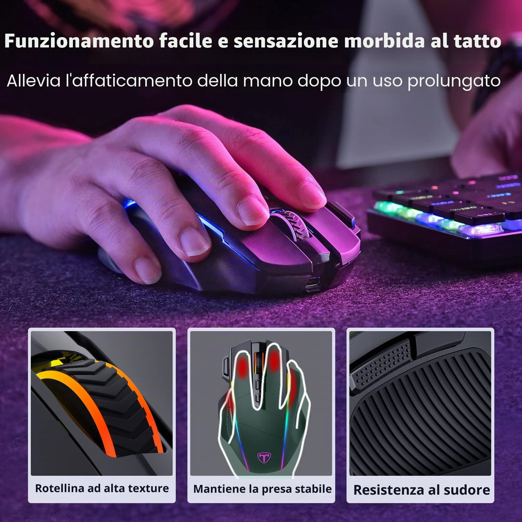 Mouse Gaming Wireless, Mouse a Tre Modalità 2.4 G/USB-C/Bluetooth Fino a 10000 DPI, Retroilluminazione RGB Chroma, Mouse Ergonomico con 8 Pulsanti Programmabili, Memoria di Bordo, PC, Mac Gamer