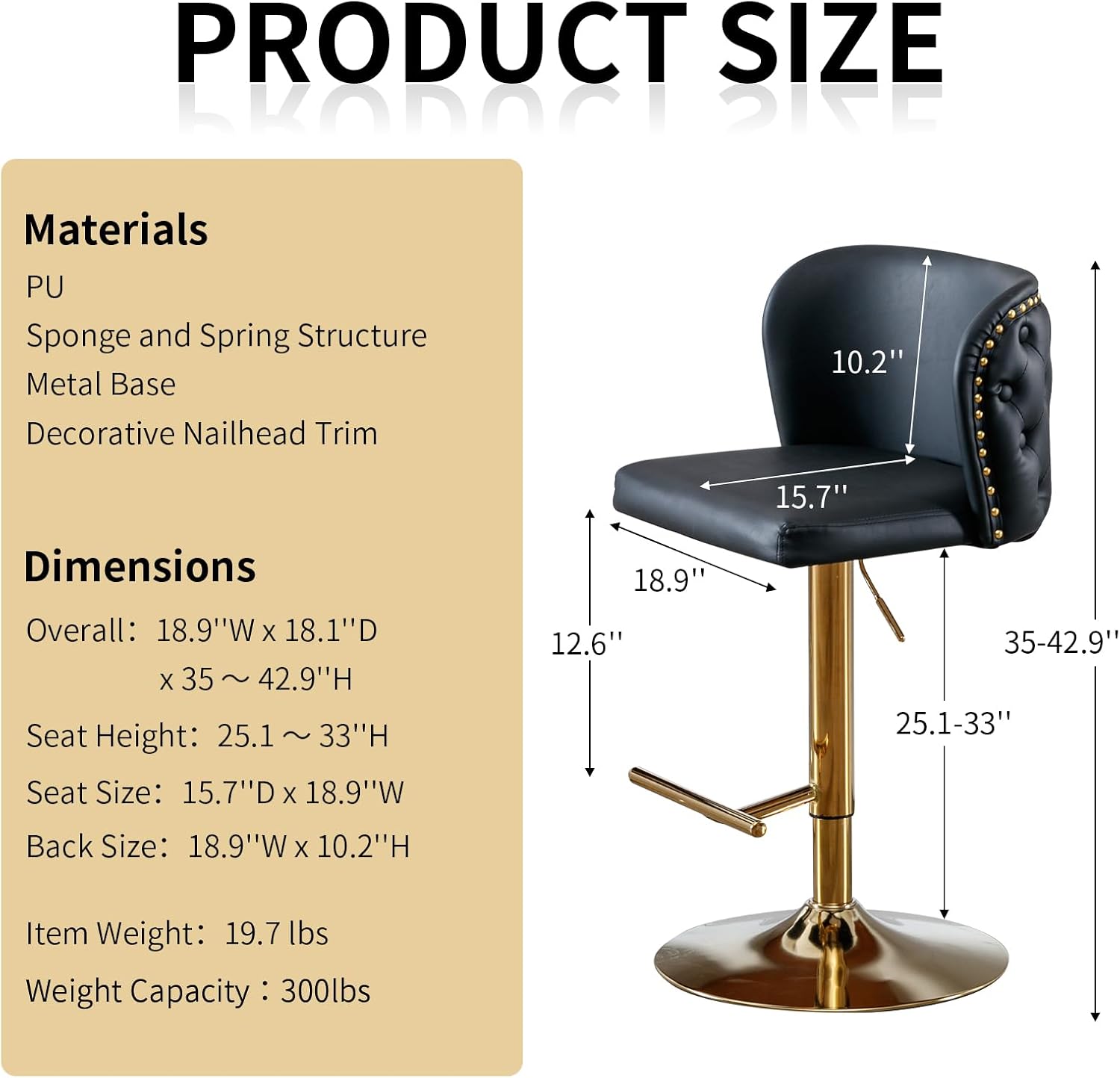 Modern Swivel Counter Height Bar Stools Set of 4, PU Leather Adjustable Kitchen Island Chairs, Black Kitchen Bar Stools with Back, Sillas para Barra de Cocina, Golden Base (Black, 4Pcs)