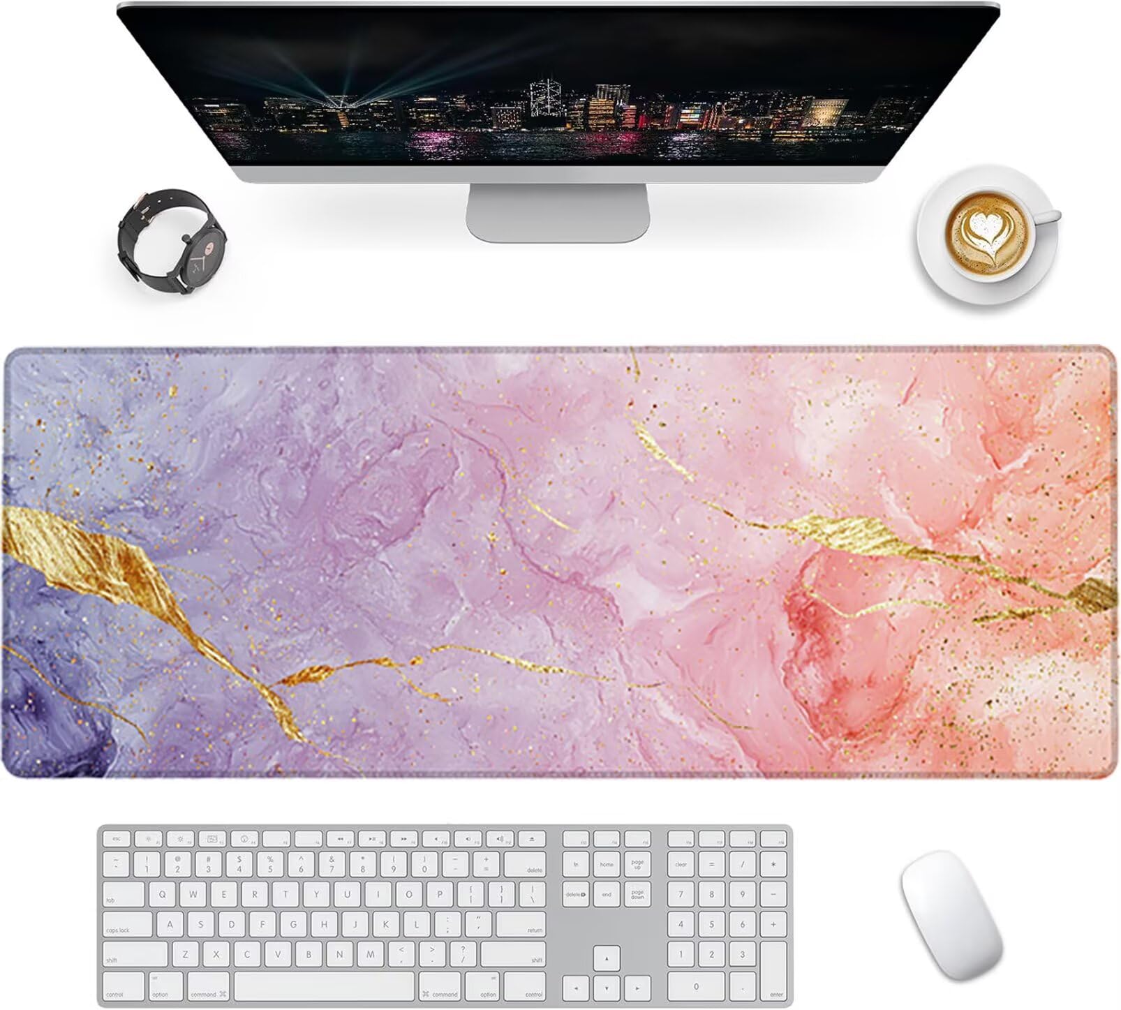 Lpfieonn Marmormuster Großes Schreibtischunterlage, XXL Schreibtischunterlagen, Rosa XXL Wasserdicht Gaming Mousepad mit Vernähter Rand und Rutschfeste Gummibasis, für Hause/Büro 120x60cm PF-2353